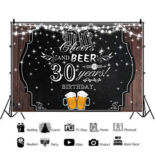 Baocicco 5x3ft Cheers & 30th Birthday Photography Backdrop - Yellow Beer Mug, Silver Bulbs, Shiny Stars on Rustic Wood Plank - Perfect for Birthday Parties, Beer Themed Events & Studio Photo Shoots