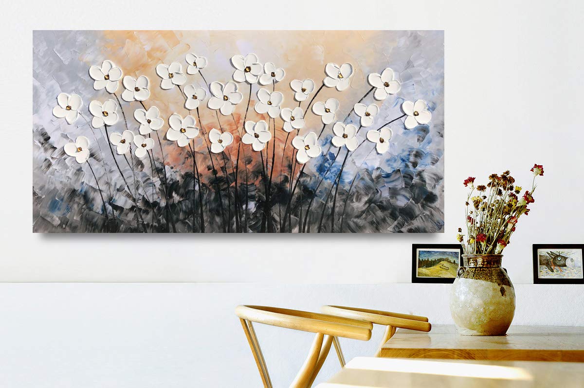 Yihui Arts Floral Paintings Canvas Wall Art - Contemporary Grey Framed Canvas Print for Living Room, Bedroom & Office Decor - Ready to Hang Modern Home Artwork