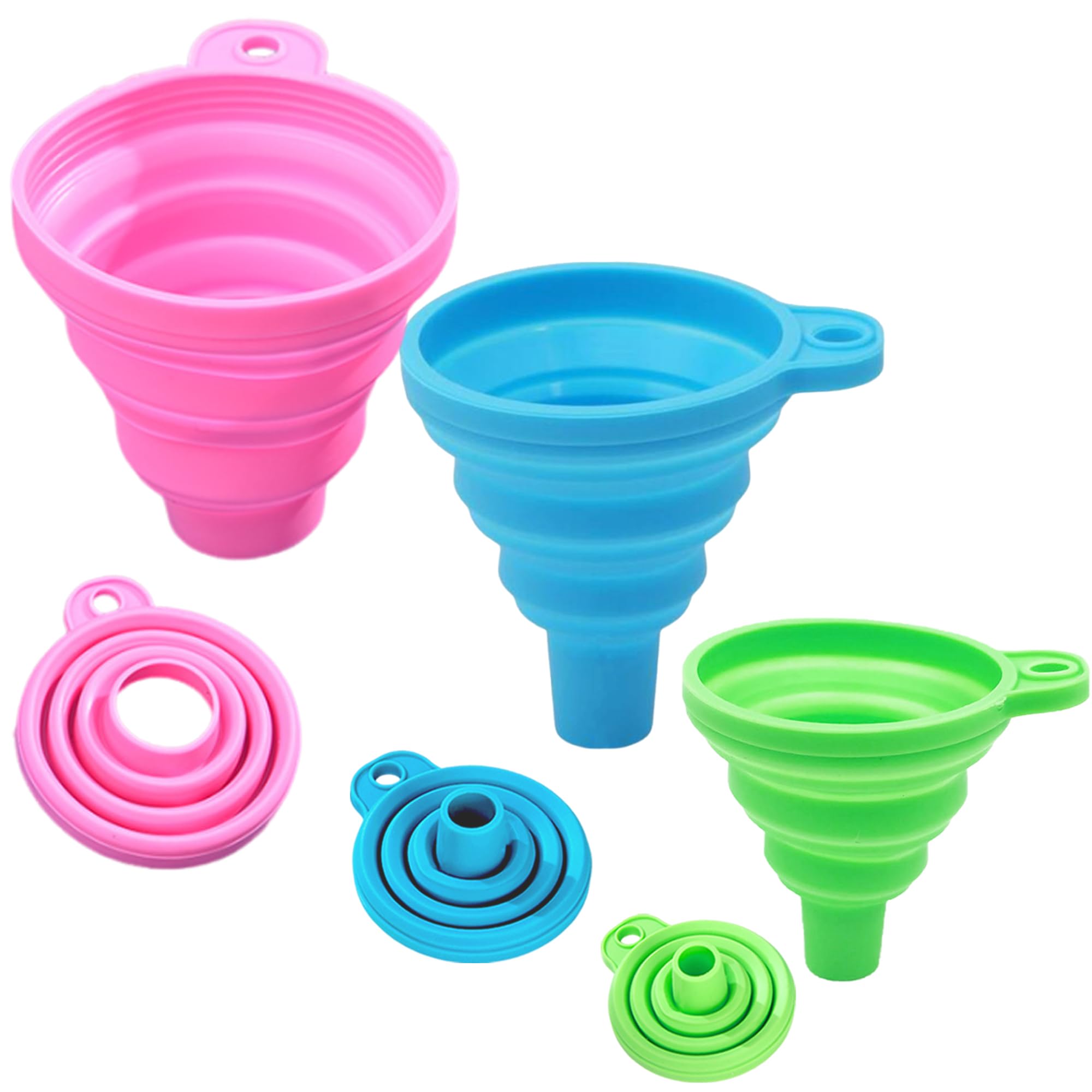 KINDOYO 3-Pack Collapsible Silicone Kitchen Funnels - Soft Foldable Cooking Funnel Set (Blue, Green, Pink) for Baking, Oil Transfer & Liquid Pouring | Space-Saving Kitchen Gadgets