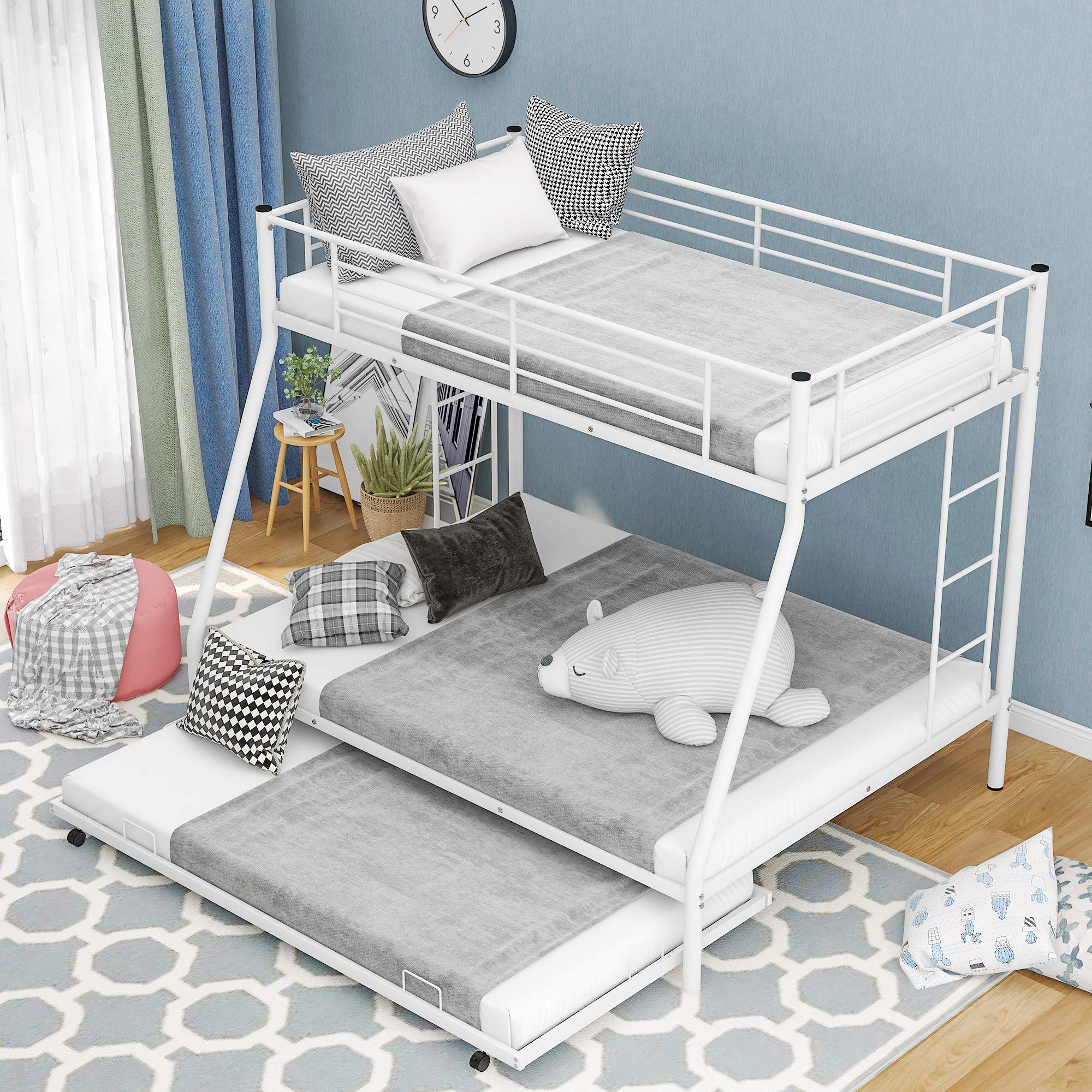 Metal Bunk Beds Twin Over Full Size with 2 Ladders & Trundle Bed - Sturdy Space-Saving Bunk Bed for Kids, Teens & Adults (White) | Perfect for Small Bedrooms, Guest Rooms & Vacation Homes