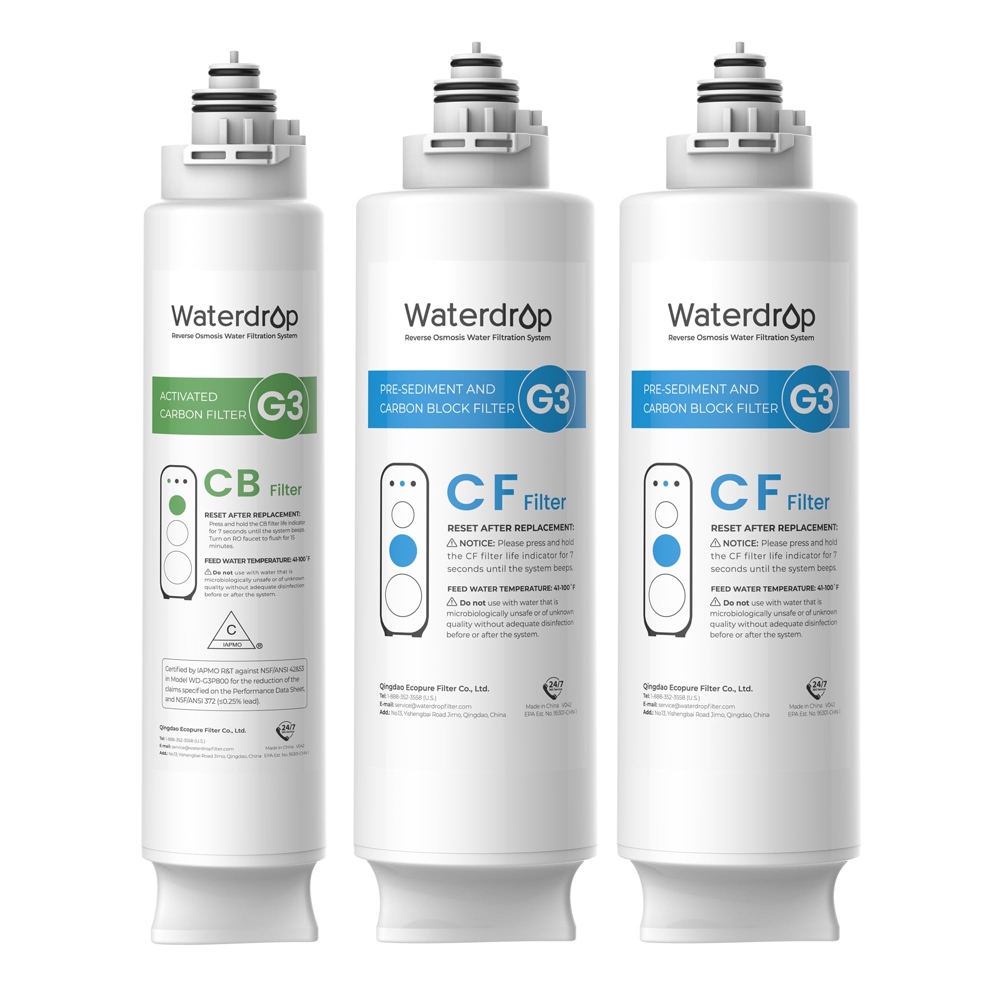 Waterdrop G3 Replacement Filter 1-Year Combo Pack - 2 WD-G3-CF Filters + 1 WD-G3-CB Filter - Compatible with WD-G3-W, WD-G3P600 & WD-G3P800-W RO Systems - Perfect for Clean Drinking Water at Home & Office