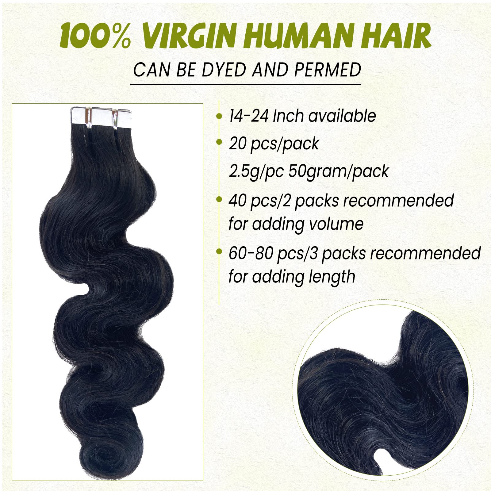 14 Inch 20 Pieces Double Sided Body Wave Tape in Human Hair Extensions - 50G Real Human Hair for Black Women | Perfect for Daily Styling, Parties & Special Occasions