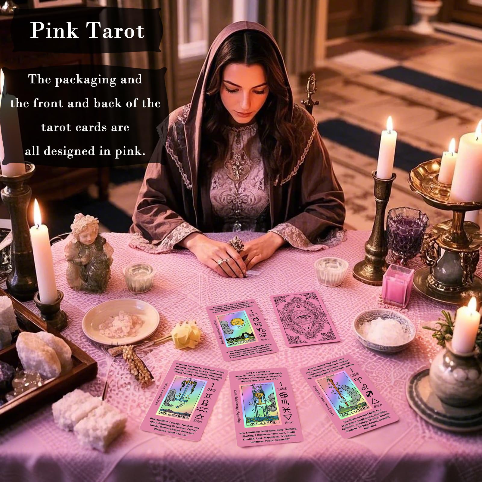 Pink Tarot Cards for Beginners with Meanings & Guide Book - Holographic Laser Tarot Deck with Keywords - Perfect for Meditation, Divination & Spiritual Guidance