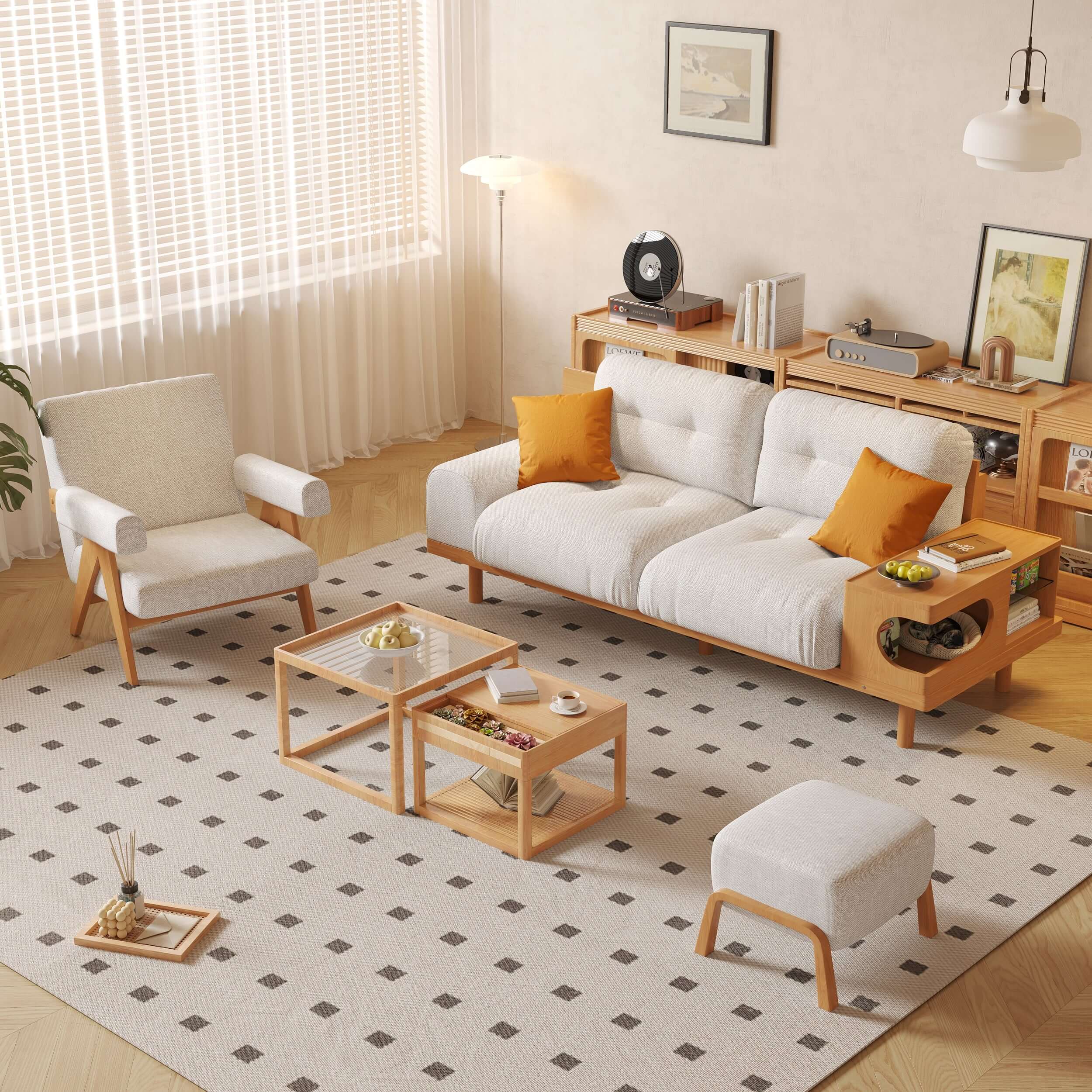Stylish Japandi Wooden Base Sofa with Built-in Cat Den - Modern Scandinavian Minimalist Living Room Furniture for Pet Lovers - Perfect for Small Spaces and Cozy Home Decor