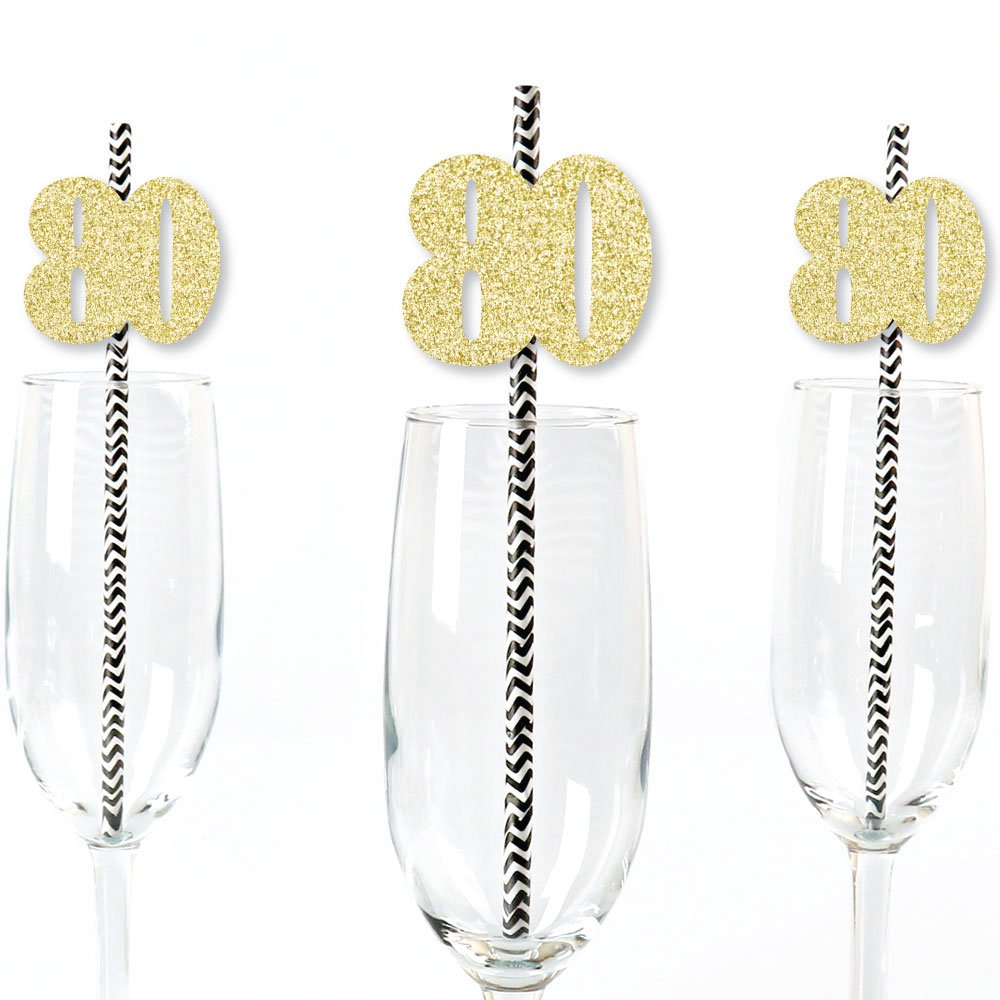 Gold Glitter 80th Birthday Party Straws - Set of 24 No-Mess Real Gold Glitter Paper Straws with Cut-Out Numbers - Perfect for 80th Birthday Celebrations, Anniversaries & Milestone Parties