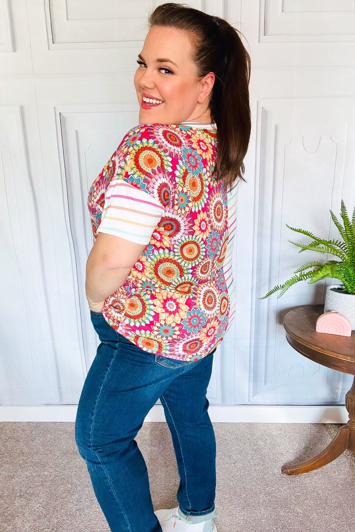 Always Fun Ivory & Fuchsia Stripe Crochet Print Women's Blouse - Casual Summer Tops for Beach, Vacation and Everyday Wear