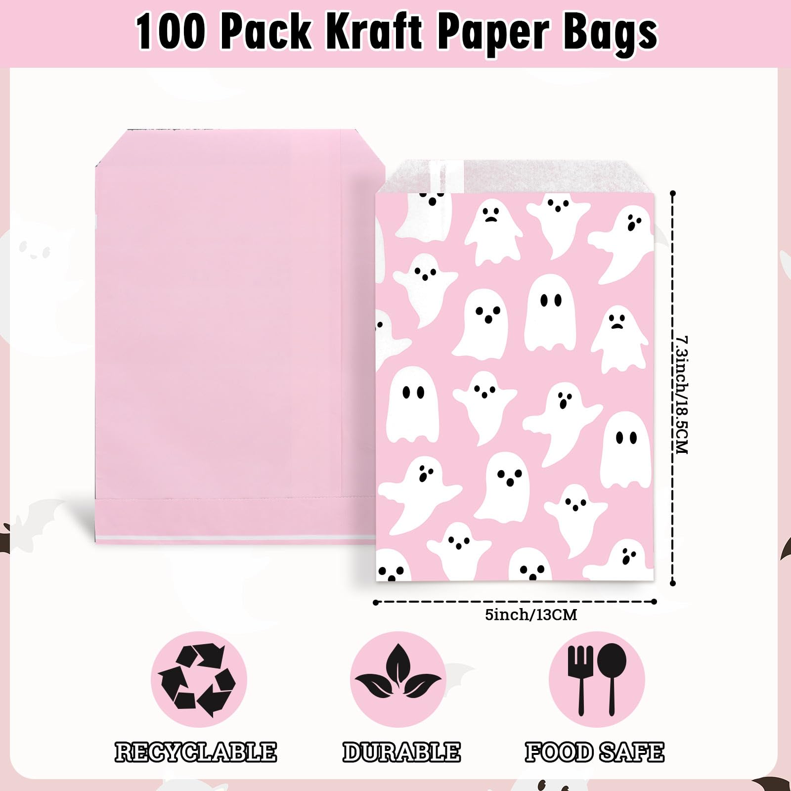 100Pcs Halloween Treat Bags 5x7.3 Inch - Cute Pink & White Ghost Pattern Candy Goodie Bags for Party Favors, Snacks, Cookies & Chocolates - Perfect for Halloween Parties, Trick or Treat & Buffet Events