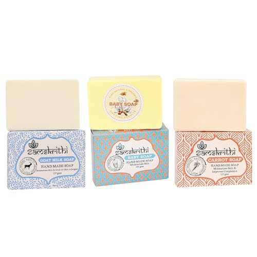 Samskrithi Naturals Organic Soap Variety Pack - Goat Milk Soap, Carrot Soap & Baby Soap for Men & Women | Gentle Skincare Trio | Pack of 3 | Perfect for Daily Cleansing, Sensitive Skin & Gift Sets