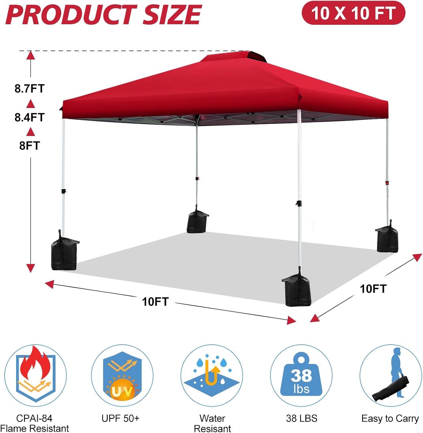 WEIZE 10x10 Pop Up Canopy Tent - Instant One Button Setup, Adjustable Height Gazebo with 4 Weight Bags | Portable Shelter for Outdoor Events, Camping, Beach & Backyard Parties | Silver Coated Top & Red Frame Sun Shade Protection