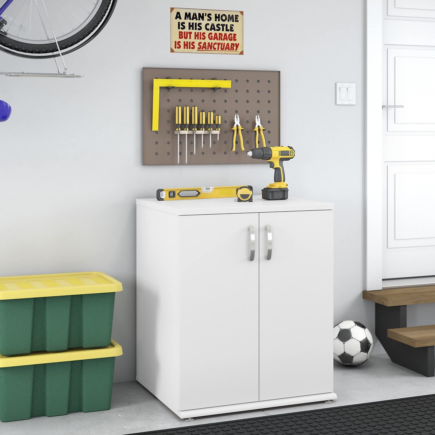 Bush Business Furniture Universal Garage Storage Cabinet with Doors and Shelves, White - Heavy Duty Organizer for Tools, Sports Equipment & Home Storage