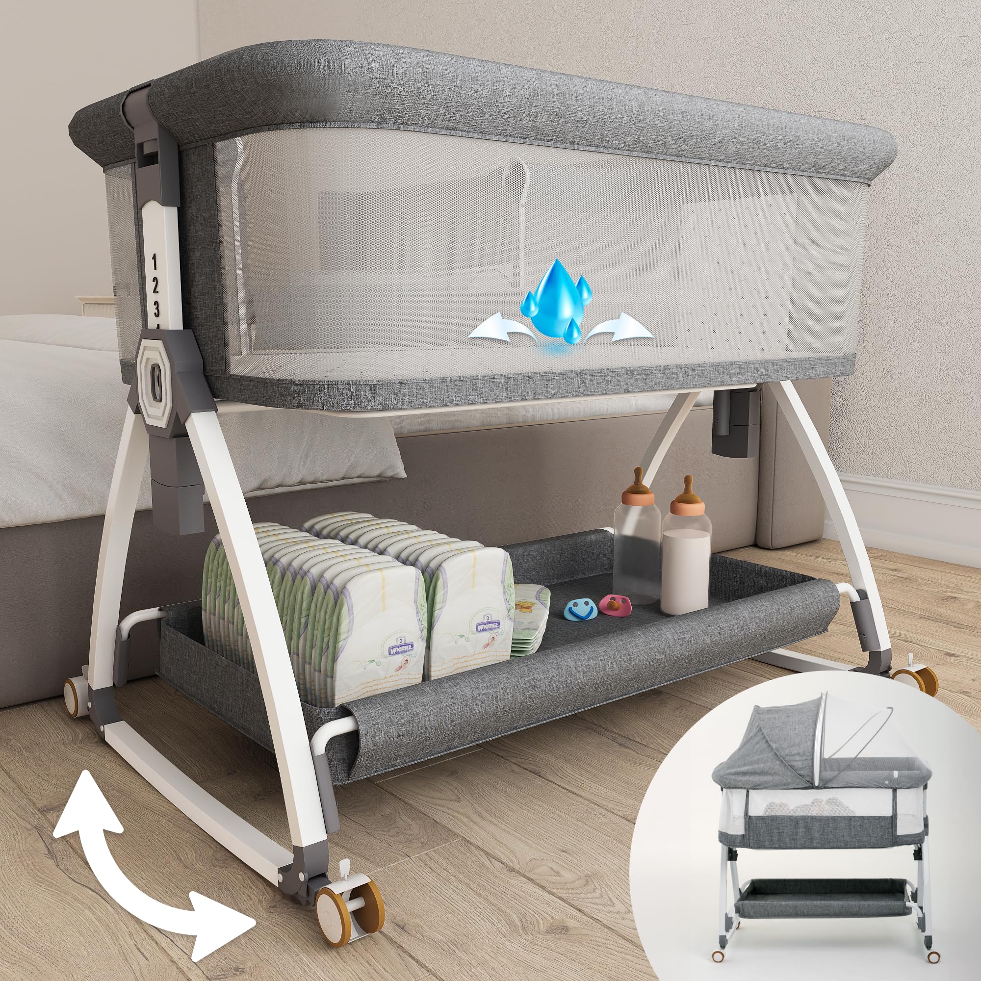 Earth&ME Portable Baby Bassinet Bedside Sleeper with Rocking Motion - Breathable Mesh Crib for Safe Co-Sleeping, Adjustable Height, Storage Basket & Wheels - Includes Travel Bag & Mosquito Net - Perfect for Nursery, Bedroom & Travel Use