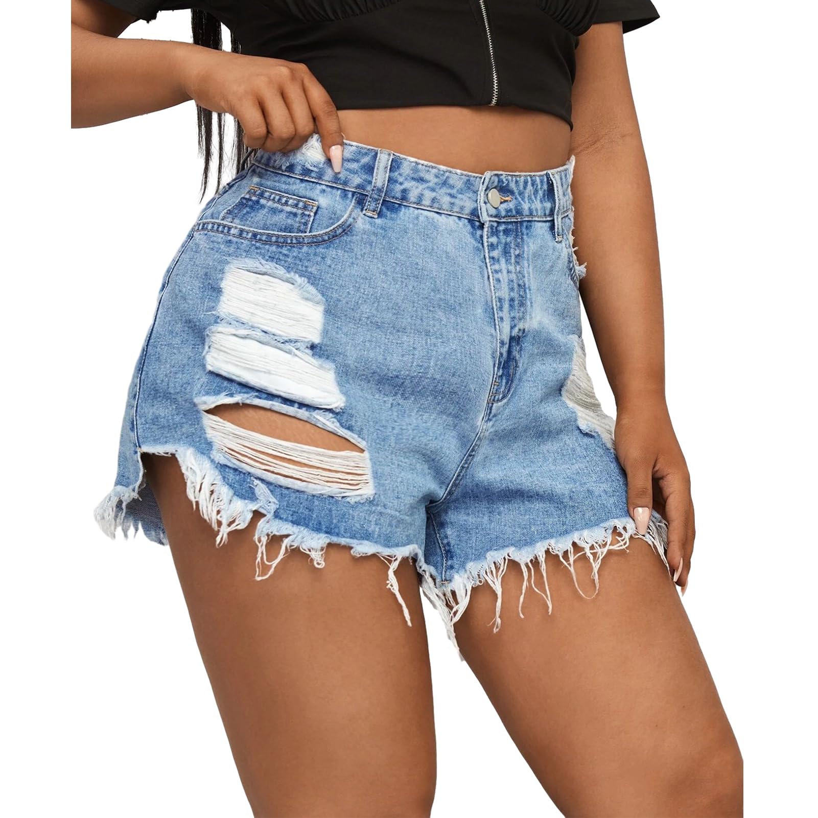 MapleHub Plus Size Women's Ripped Denim Shorts - High Waisted Stretchy Jean Shorts with Folded Hem for Summer Casual Wear & Beach Outfits