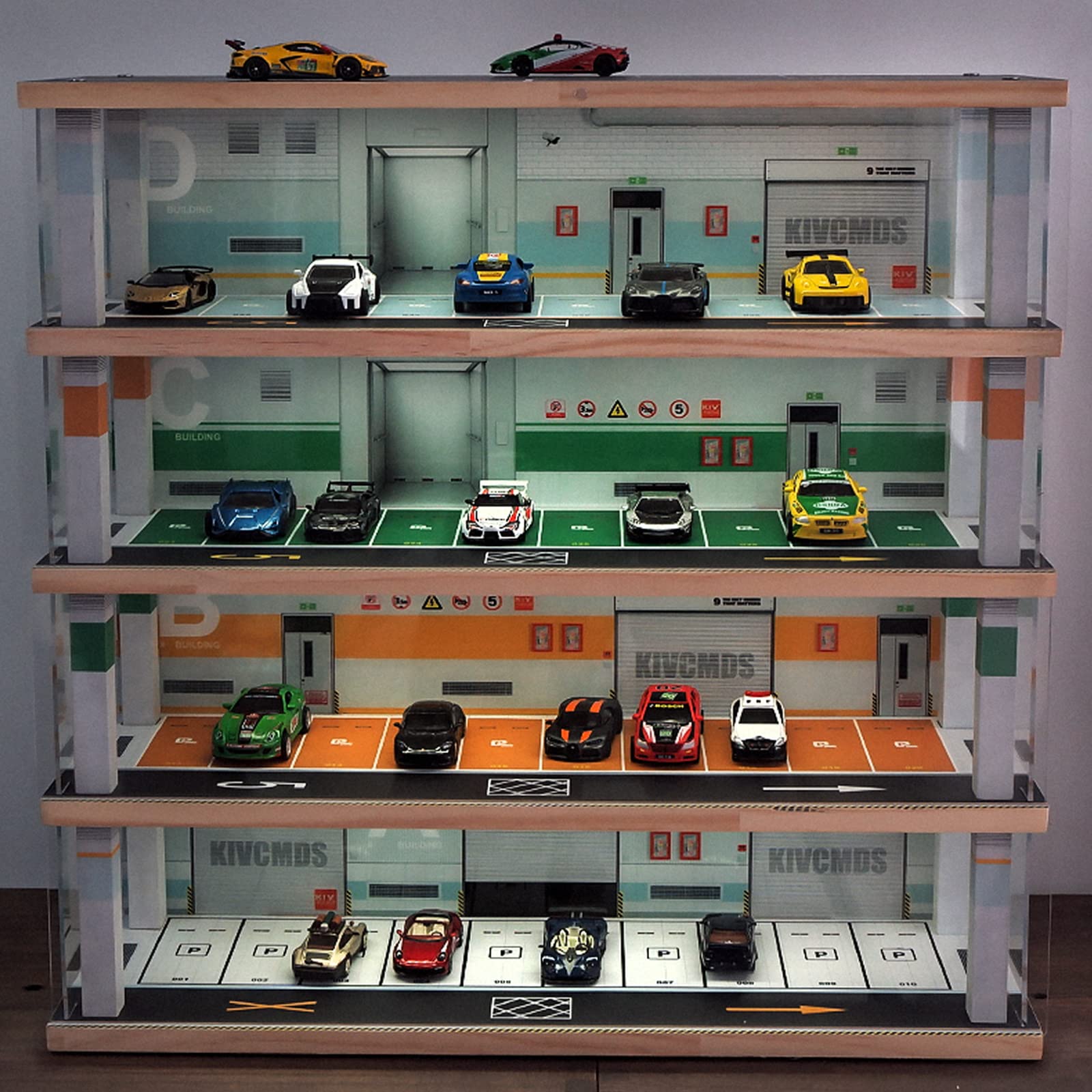 1:64 Scale Alloy Car Model Display Case with LED Lights - 4-Level Parking Garage (40 Spaces) for Hot Wheels & Die-Cast Cars Collection - Perfect for Showcasing Miniature Vehicles in Underground Garage Scenes (KW-262-1)