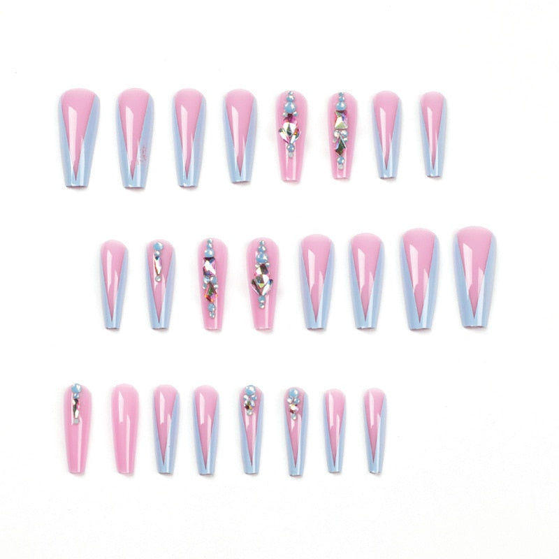 Glossy Pink Press on Nails with Blue Rhinestones - Extra Long Ballet Fake Nails - Detachable False Nails with Glue - Perfect for Parties, Weddings, and Special Occasions