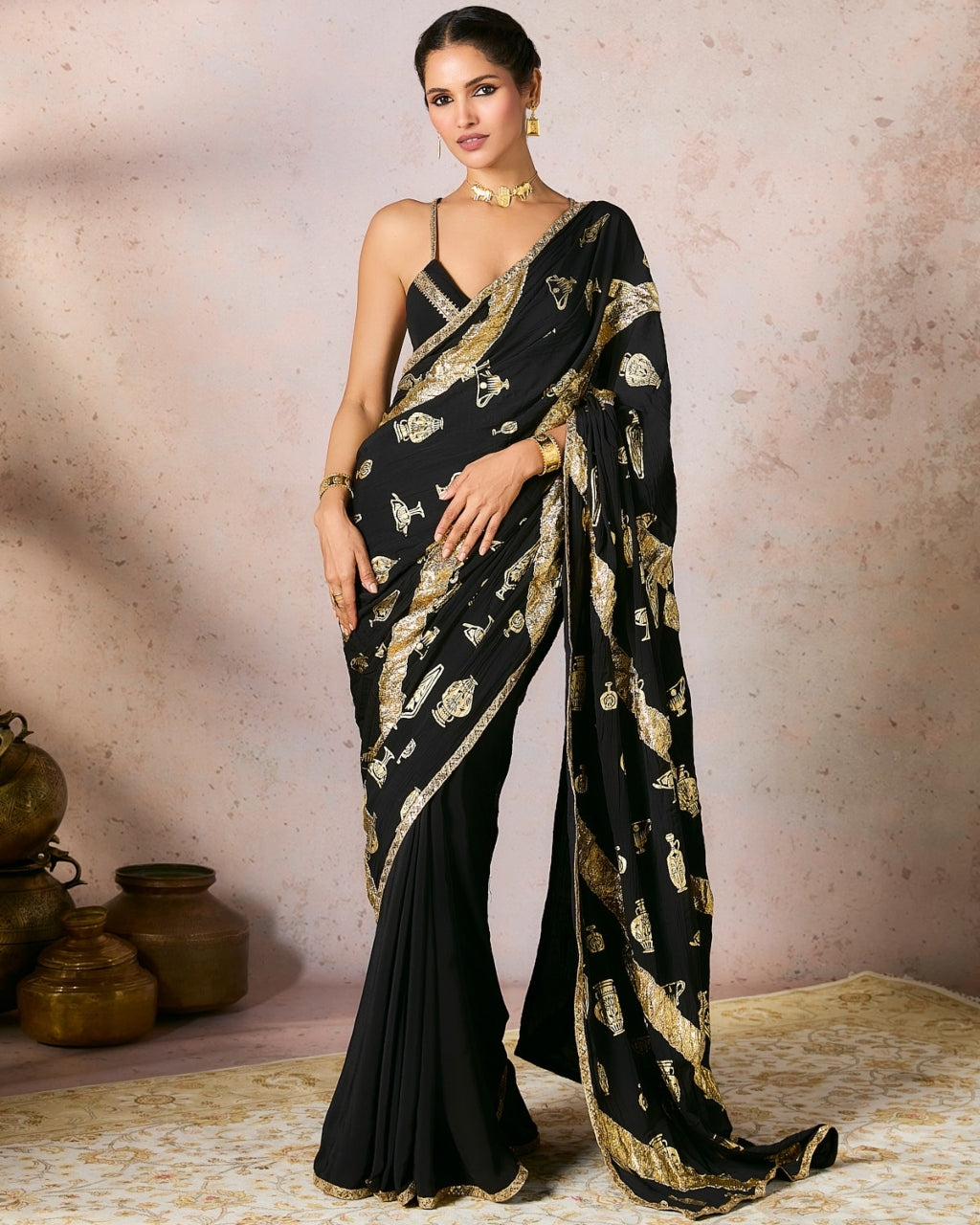 Black Potters Touch Gota Sari Set - Elegant Indian Traditional Dress for Women | Perfect for Weddings, Festivals & Special Occasions