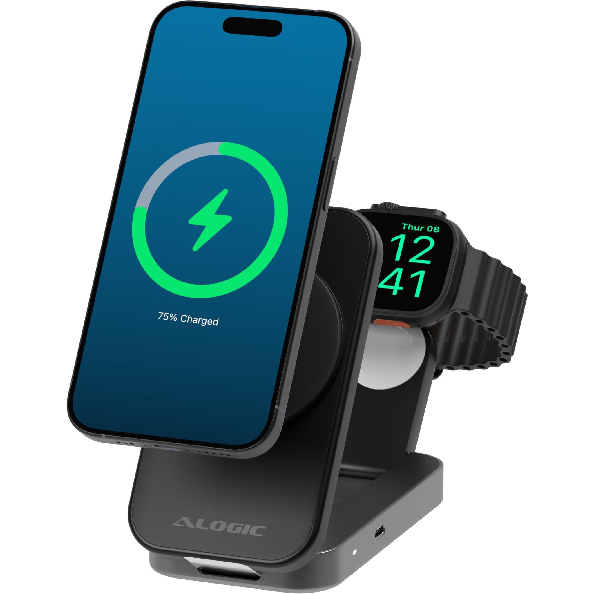 Alogic Flip 2-in-1 Qi2 Wireless Charging Stand for iPhone & Android - Fast Wireless Charger with Stand & Pad (Black) - Perfect for Home, Office & Travel Charging