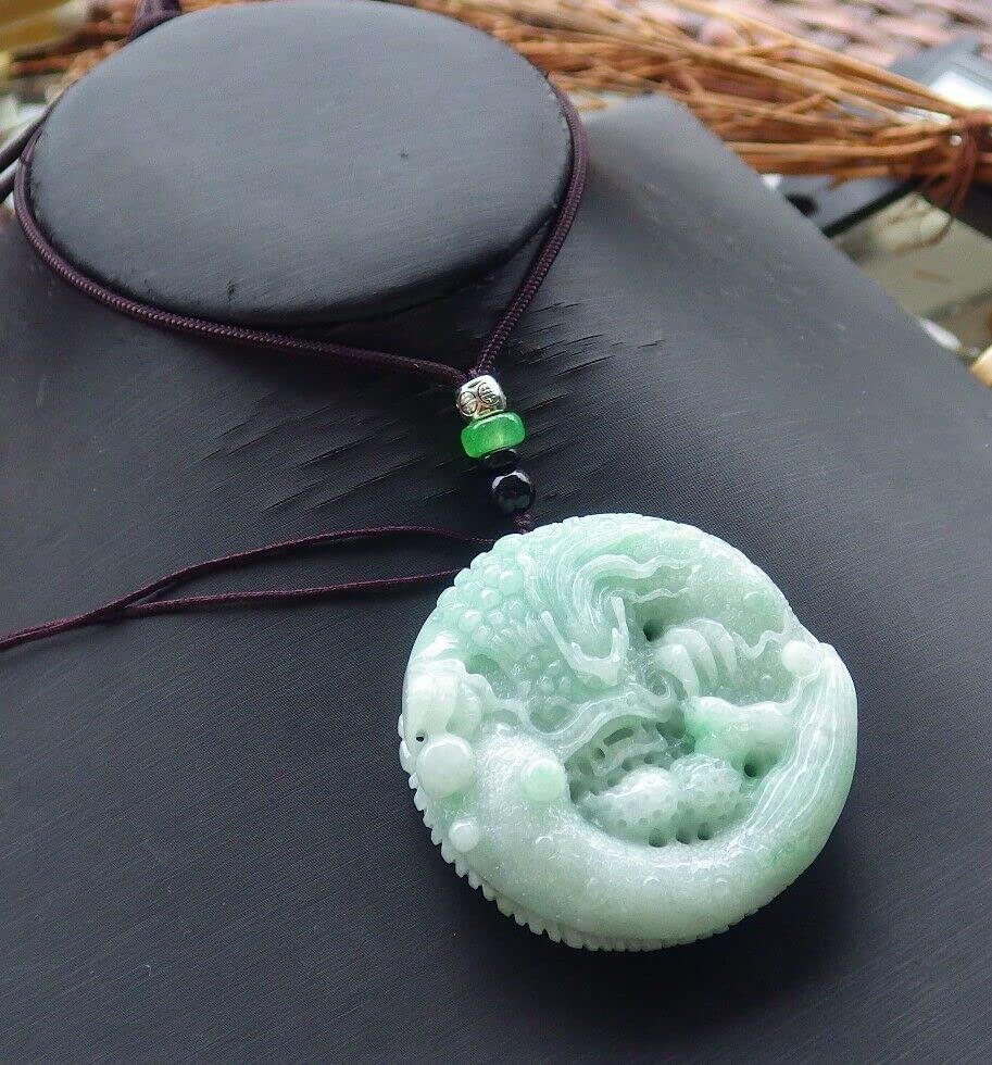 Certified Green Burma 100% Natural Jadeite Pendant - Dragon & Mouse Peanut Ruyi Necklace for Zodiac Rat (546497 GS) - Perfect Gift for Chinese New Year, Birthday & Spiritual Protection