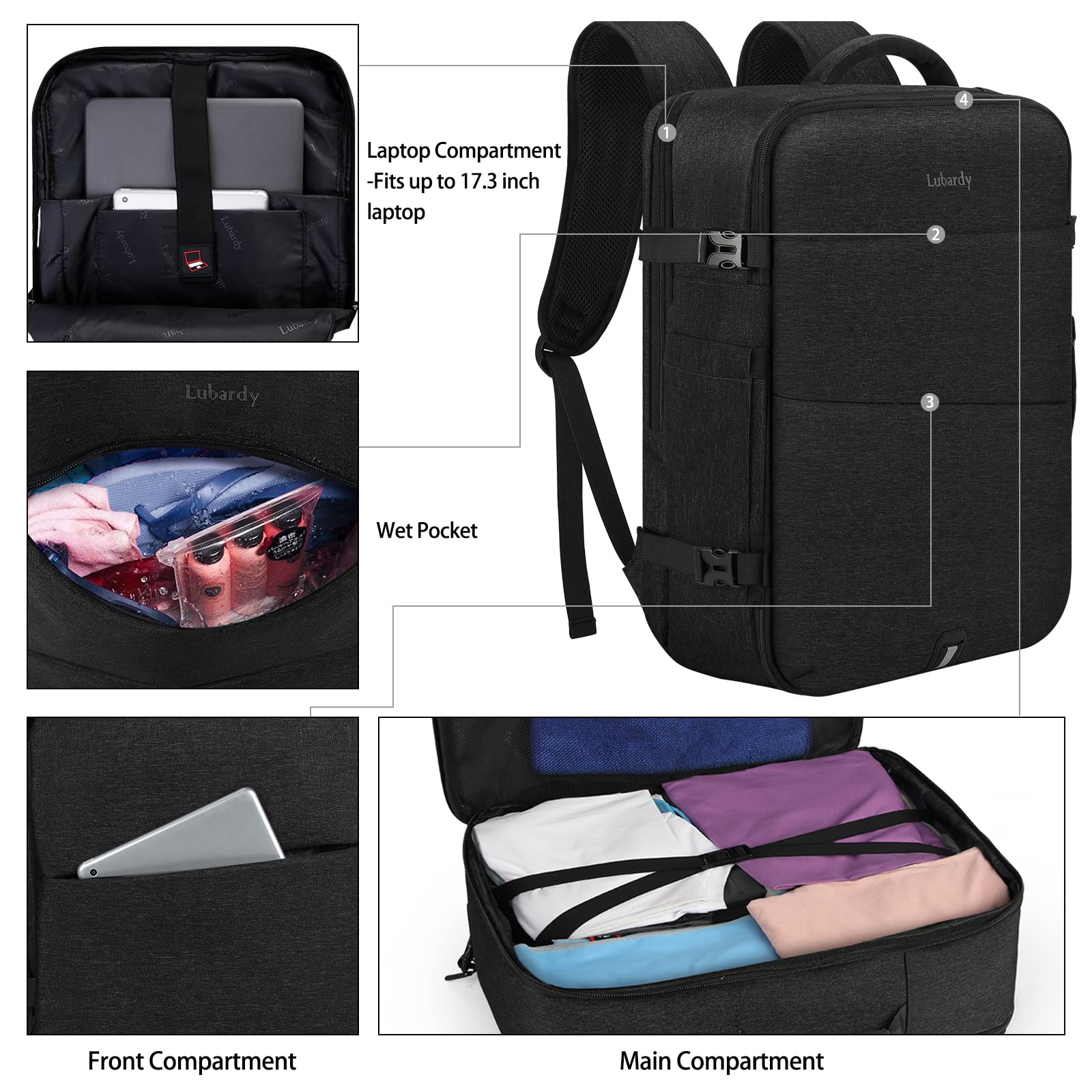 17 Inch Waterproof Travel Laptop Backpack for Men & Women - Large Carry On Luggage with 3 Packing Cubes - Perfect for Business, School, Weekender & Overnight Trips - Black