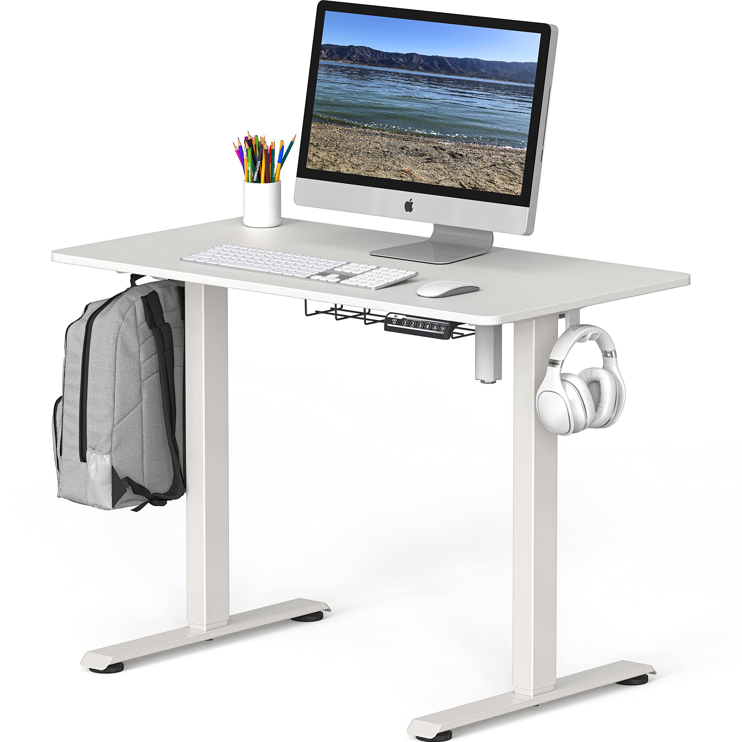 40 x 22 Inches Electric Height Adjustable Standing Desk - White Frame & Top with Hanging Hooks & Cable Management | Perfect for Home Office, Gaming & Workspace Ergonomics