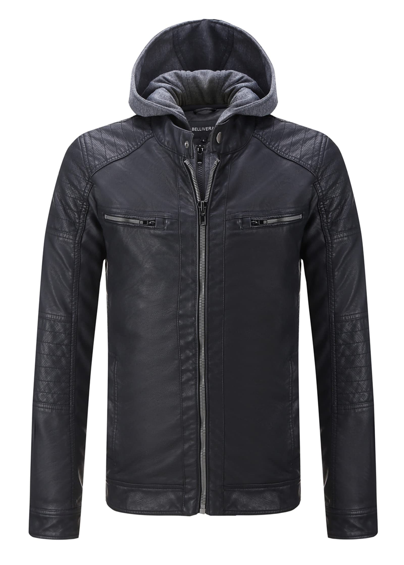 RISISSIDA Men's Faux Leather Bomber Jacket - Warm Double Zipper Coat with Detachable Hood for Fall, Winter & Spring | Stylish Outerwear for Casual Wear, Night Out & Motorcycle Riding