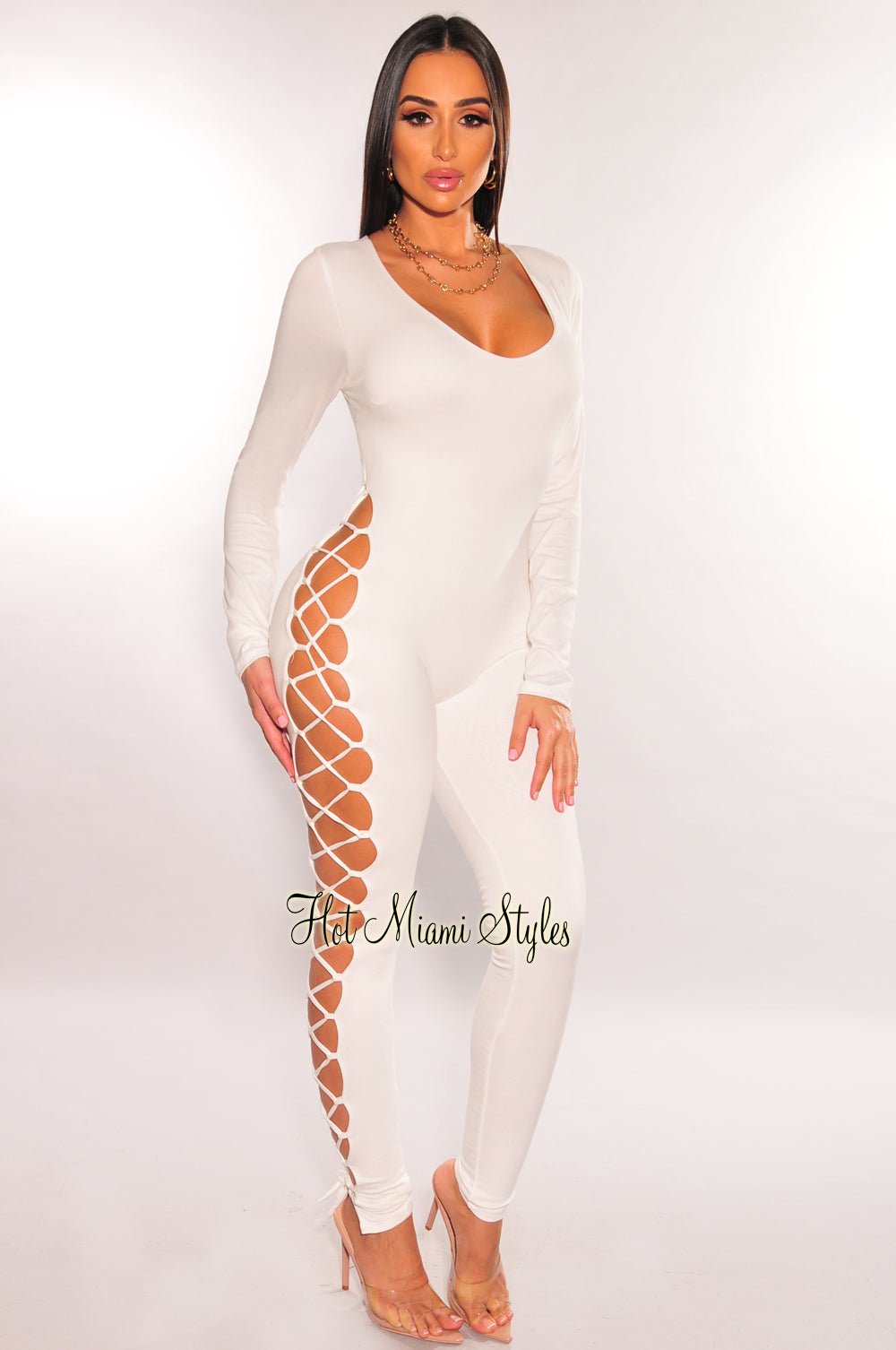 Elegant White Long Sleeve Lace Up Back Jumpsuit for Women - Sexy Party Outfit, Evening Wear & Special Occasion Fashion