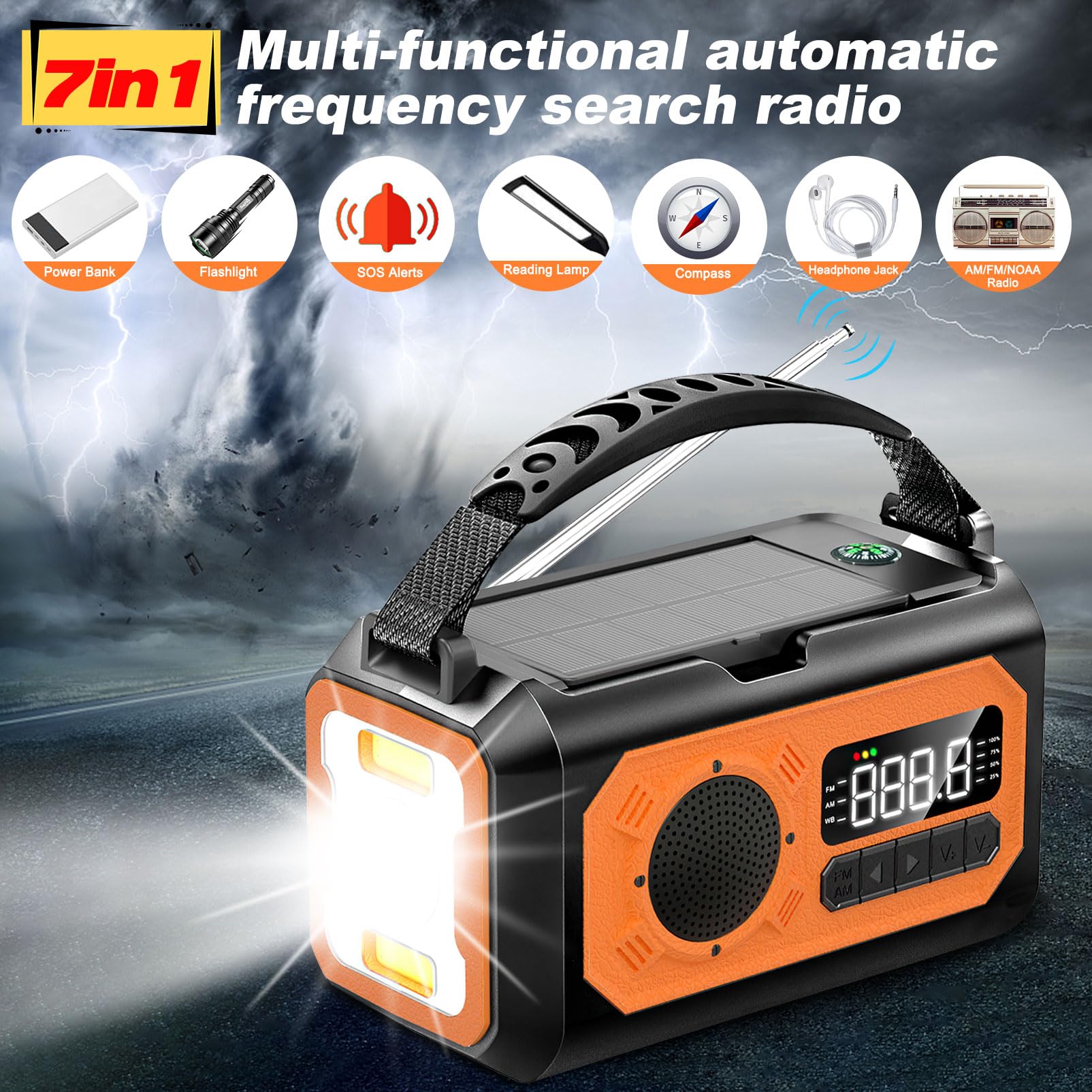 44400mWh/12000mAh Emergency Survival Radio - Solar Hand Crank AM/FM/NOAA Weather Radio with 2 Solar Panels, 3 Charging Methods, SOS Alarm, Flashlight, Phone Charger, Compass & Reading Lamp - Perfect for Camping, Hiking, Power Outages and Emergency Preparedness