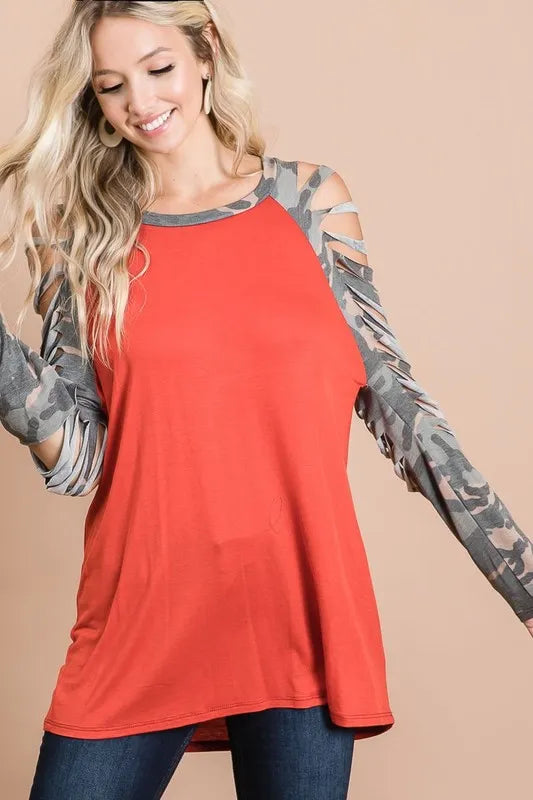 BiBi Jersey Knit Top with Camouflage Laser Cut Sleeves - Women's Fashion Casual T-Shirt for Streetwear & Everyday Outfits
