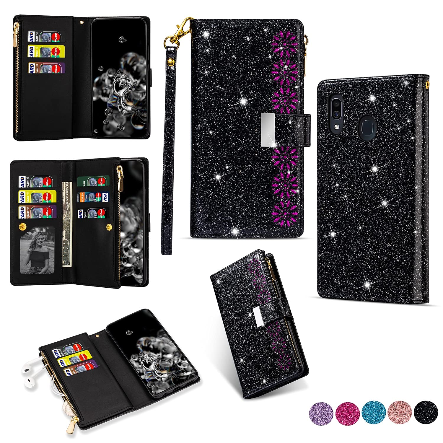 Samsung Galaxy A30 Phone Case with Multi-Card Slots & Starry Sky Laser Carving - Shockproof Flip Leather Wallet Case for Women & Men (Horizontal Zipper Design) - Perfect for Travel, Work & Everyday Protection