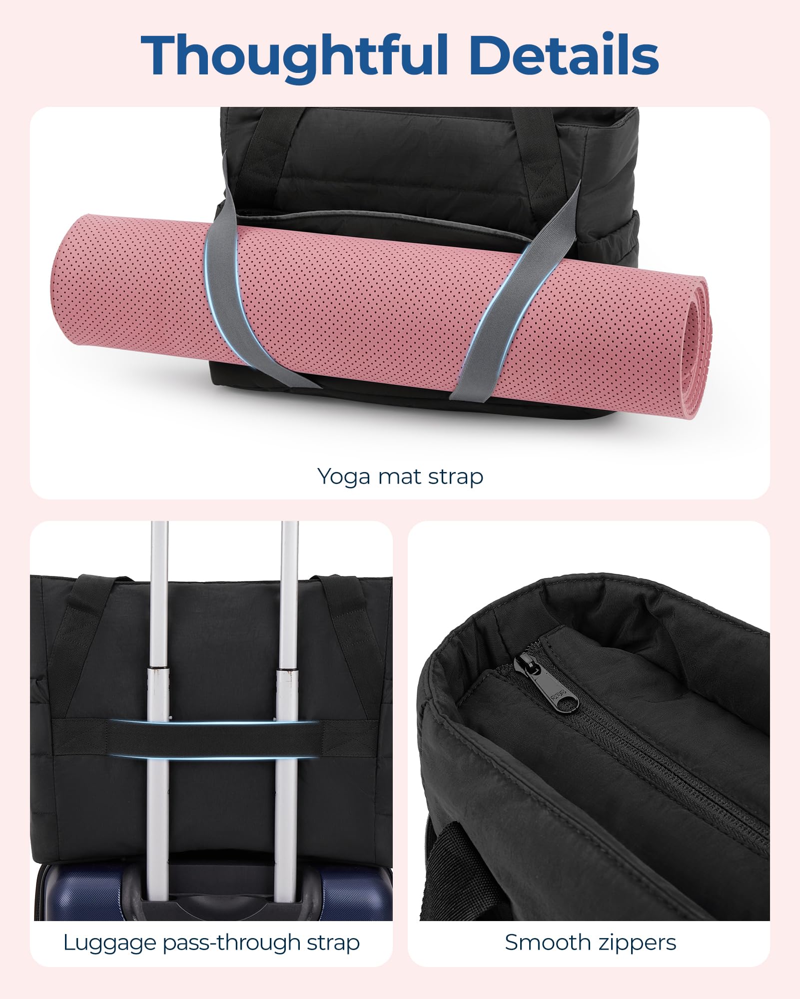 BAGSMART Large Quilted Tote Bag for Women with Zipper & Adjustable Yoga Mat Straps - Stylish Work Bag, Gym Bag & Travel Tote for Yoga, Office, Shopping & Daily Commute