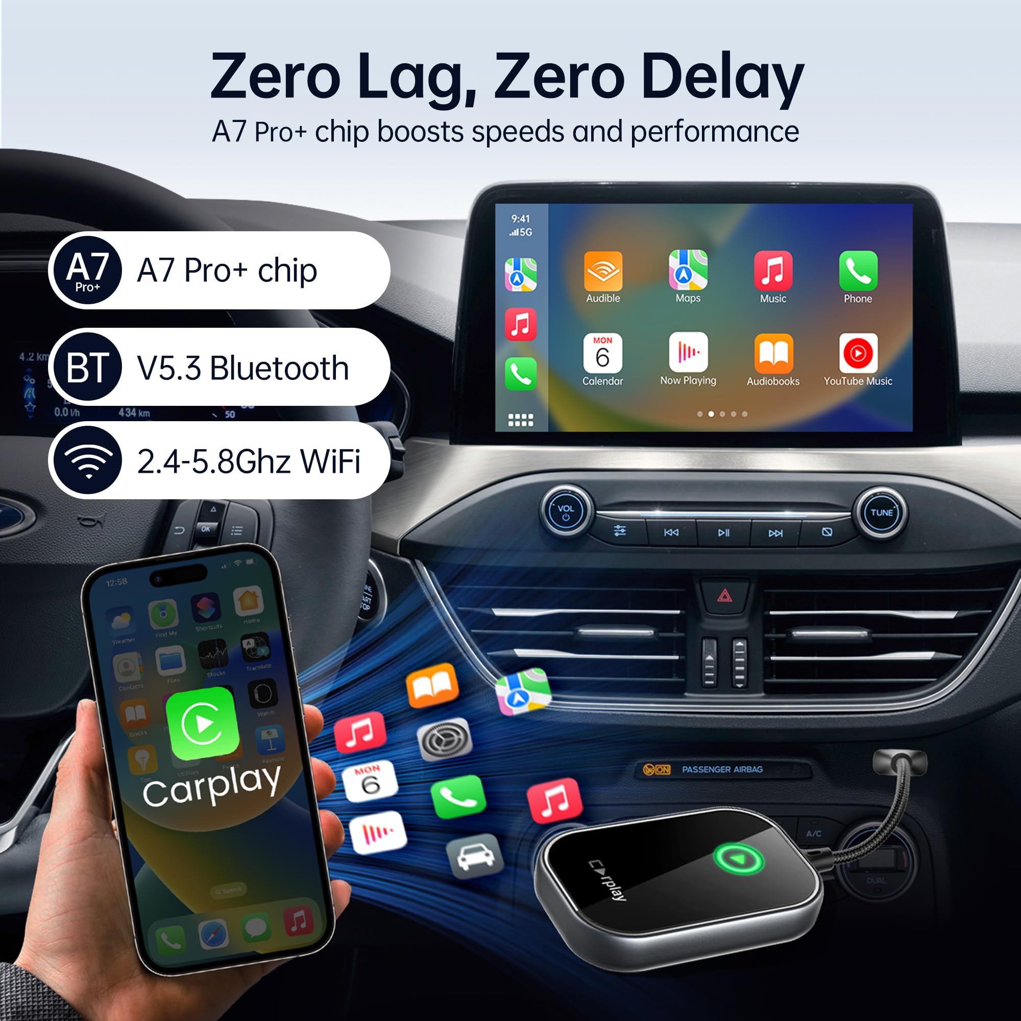 Wireless CarPlay Adapter for iPhone 2024 - Convert Wired to Wireless CarPlay Dongle, Zero Latency Plug & Play, Compatible with Cars 2017+ & iOS 10+ - Perfect for Hands-Free Driving & Seamless Music Streaming