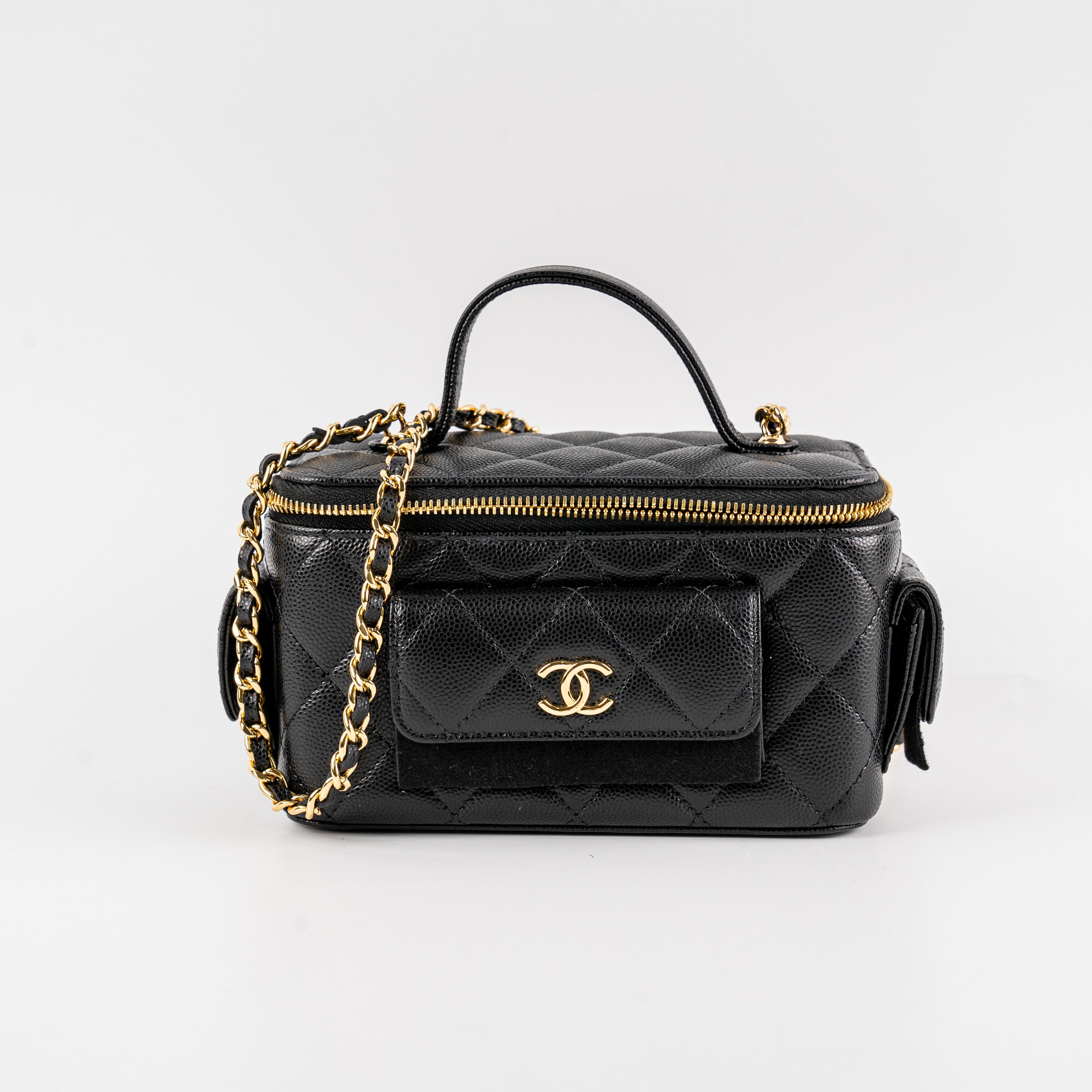 Chanel Caviar Multi Pocket Vanity Bag Black Microchip Leather Crossbody - Perfect for Travel, Parties & Everyday Luxury