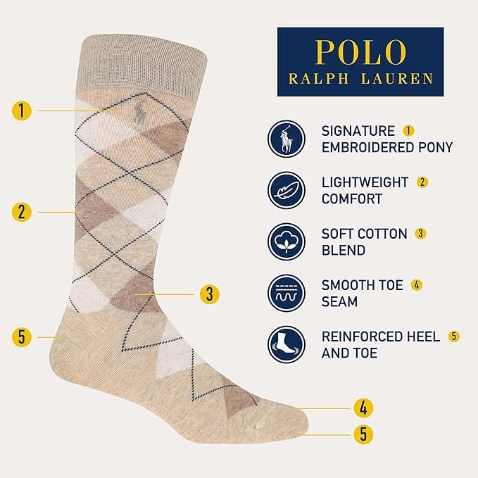 Polo Ralph Lauren Men's Argyle Dress Socks - 3 Pack Soft Cotton Crew Socks for Work & Formal Wear - Lightweight & Comfortable for Office, Business, Wedding & Daily Use