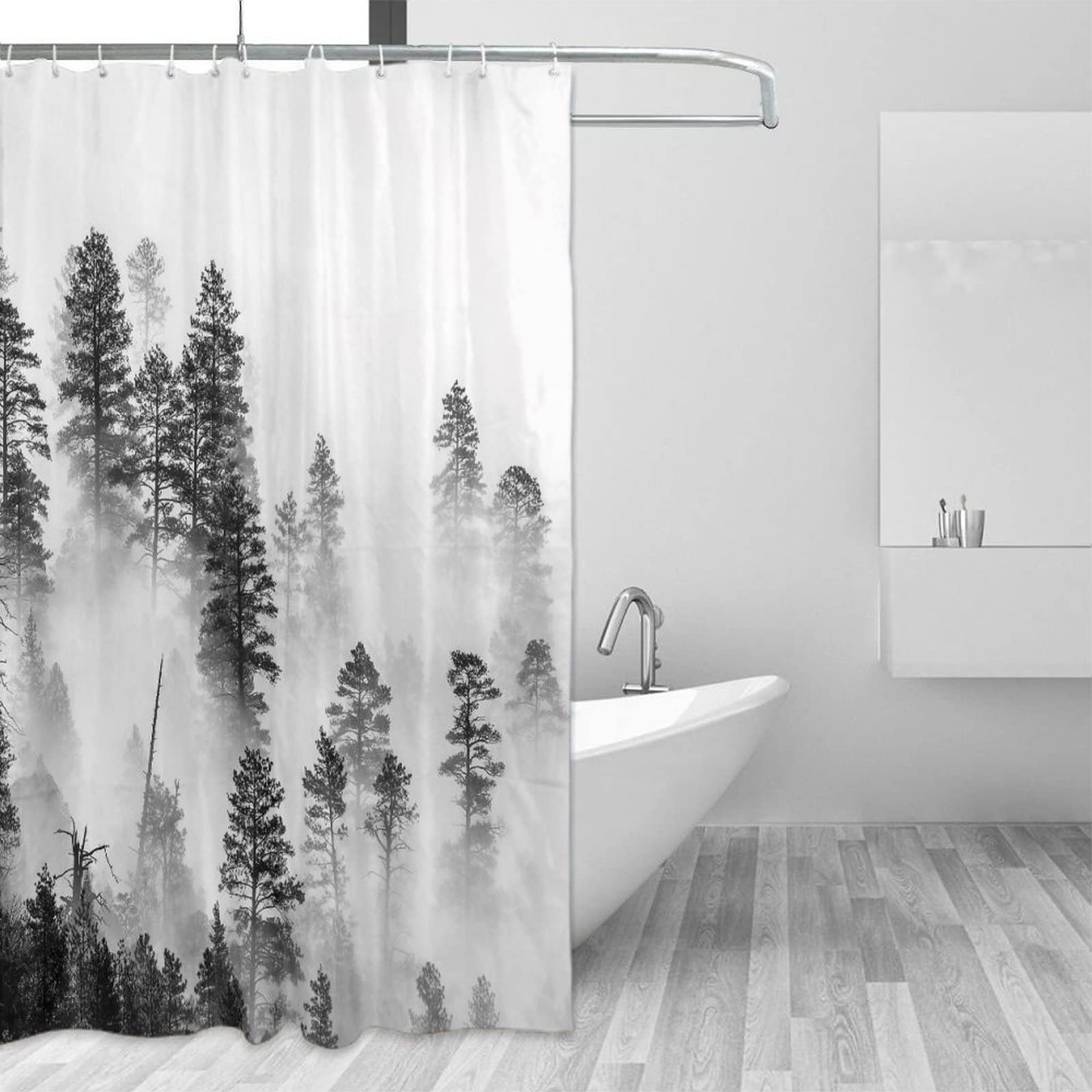 Misty Forest Tree Foggy Shower Curtain - Waterproof Bathroom Decor with Hooks 72x72 Inch - Nature Scenery Landscape Design for Bathtub & Shower - Perfect for Spa-Like Relaxation & Modern Bathroom Aesthetics