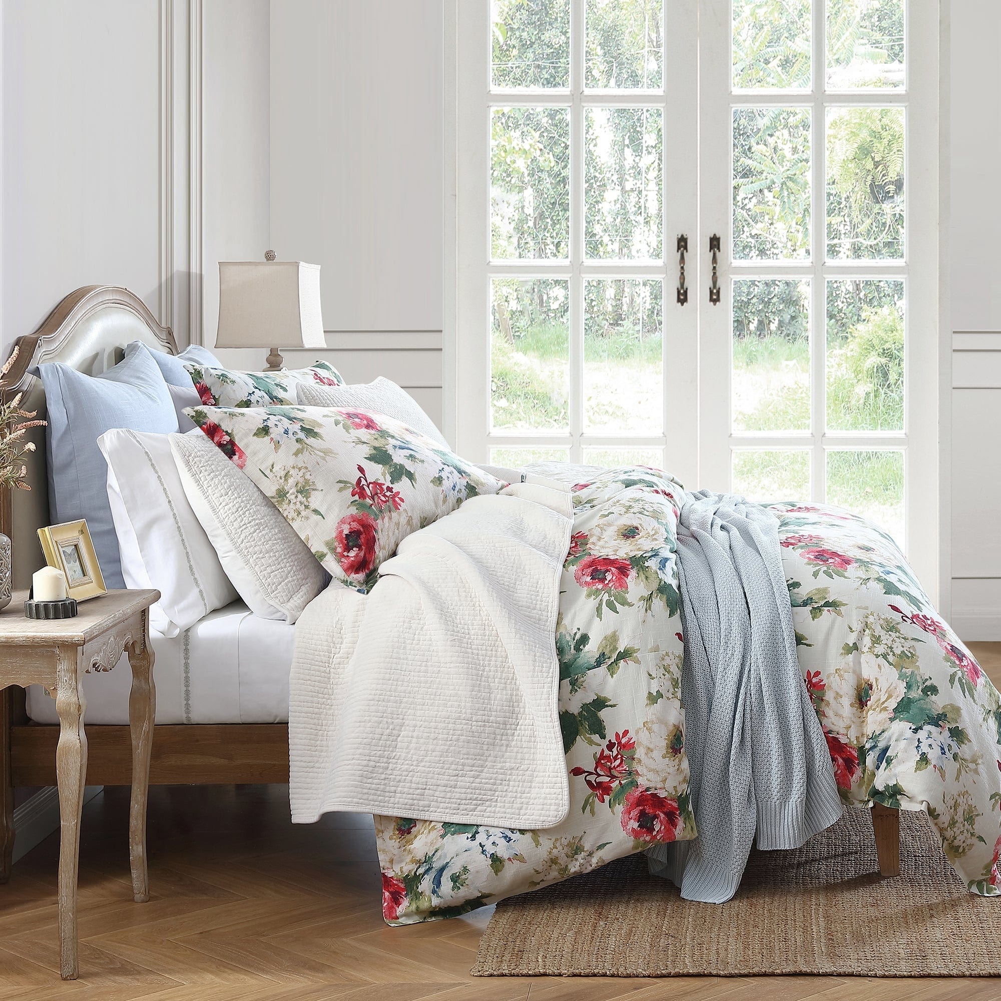 Premium Peony Washed Linen Bedding Set - Queen Size 4-Piece (Duvet Cover + 2 Pillowcases + Sheet) - Breathable & Soft for All Seasons - Perfect for Master Bedroom, Guest Room & Vacation Homes