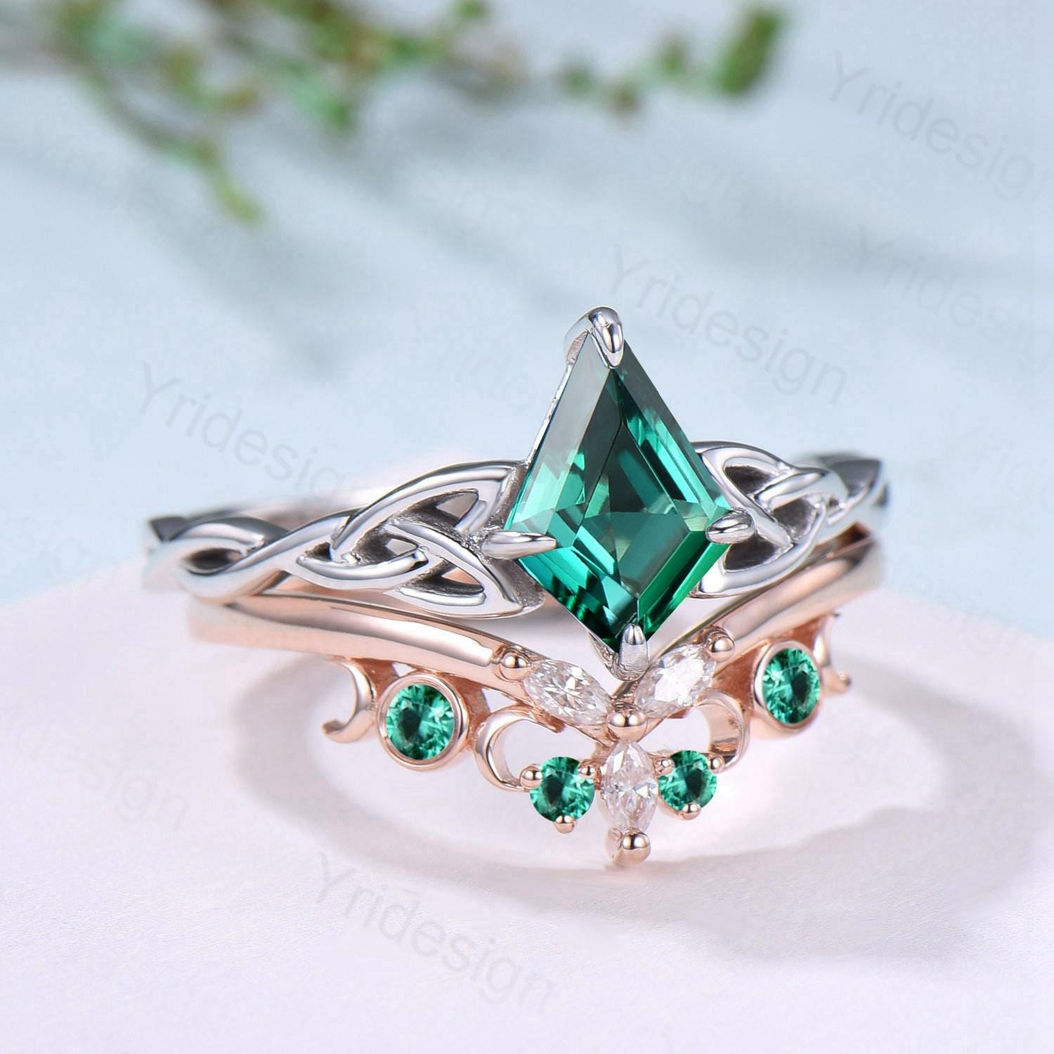 Norse Viking Kite Cut Emerald Engagement Ring Set - Unique Celtic Love Knot May Birthstone Butterfly Wedding Rings - Vintage Twist Bridal Jewelry for Weddings, Anniversaries & Special Occasions