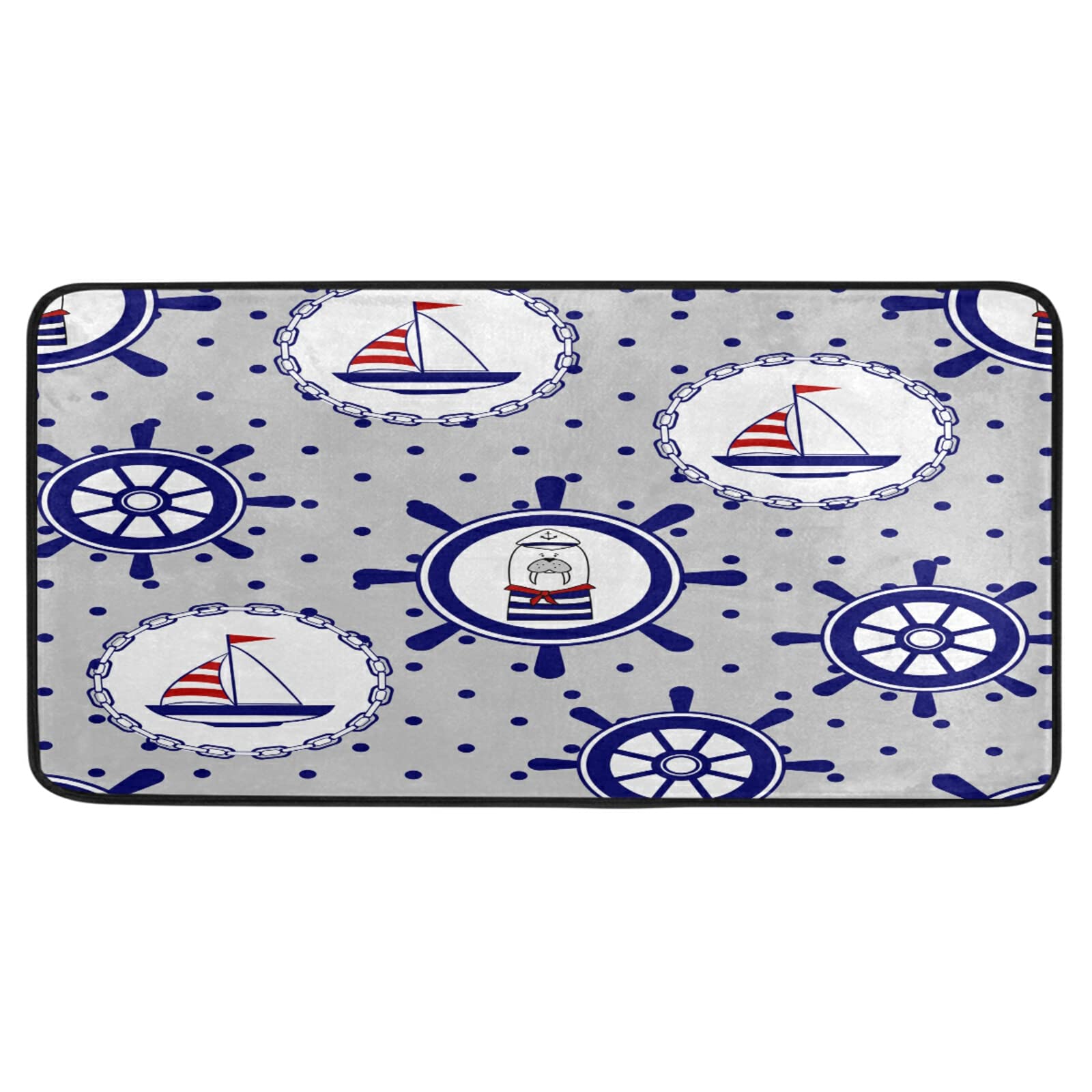 Premium Non-Slip Marine Steering Wheel Boat Kitchen Rug - Absorbent Washable Bath Mat for Bathroom, Helm Walrus Design - 39x20 Inches Floor Mat for Home Office, Hallway, Sink, Stove & Laundry - Perfect for Nautical Decor & High-Traffic Areas