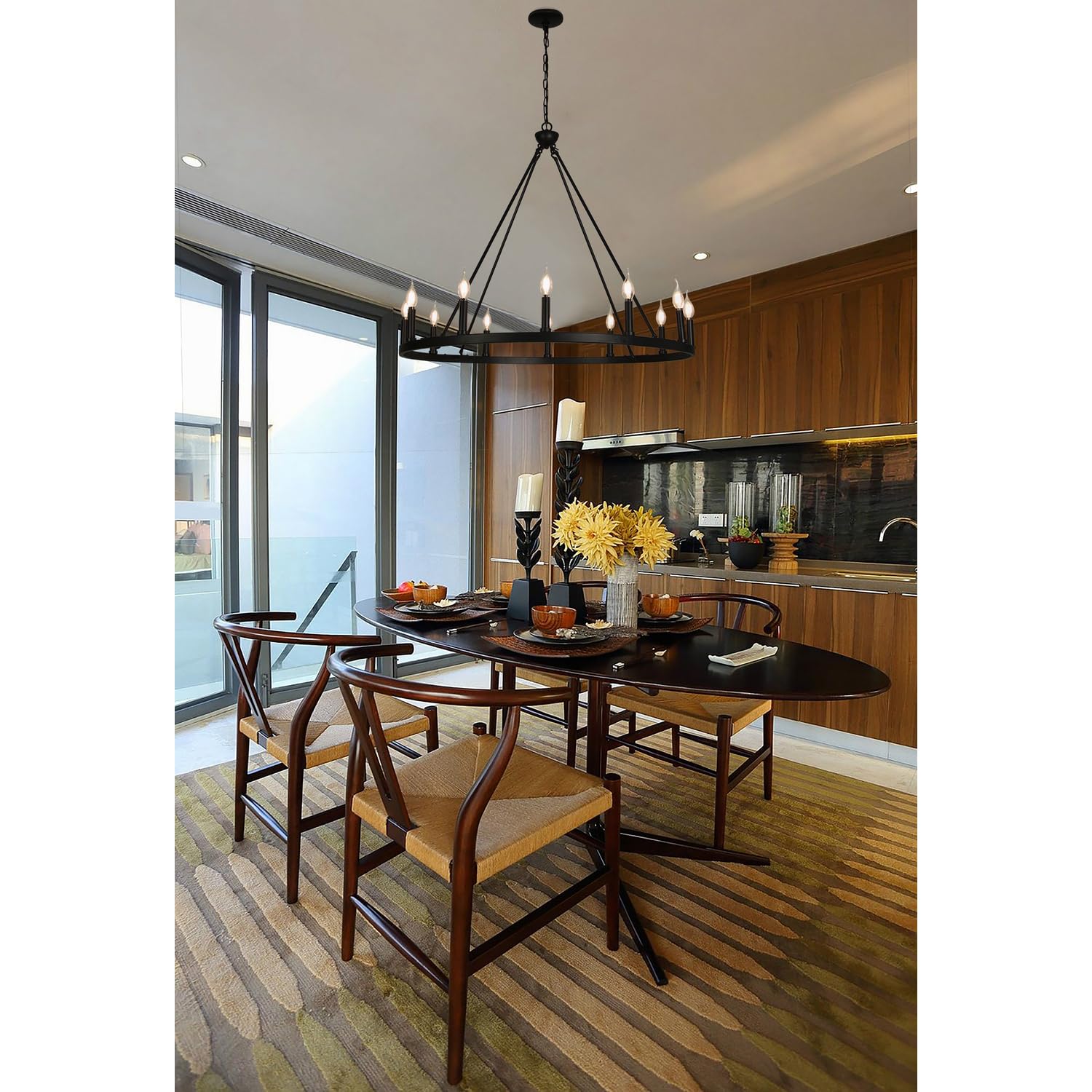 12-Light Drum Chandelier with Wooden Pattern Steel Frame - 16