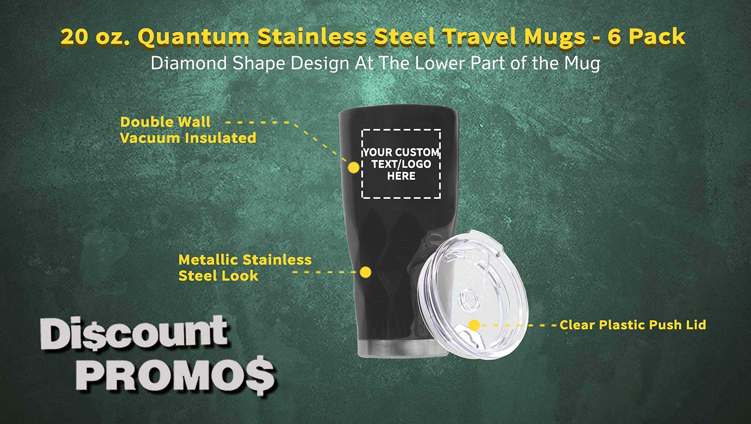 Custom 20 oz Quantum Stainless Steel Travel Mugs - 6 Pack with Personalized Text & Logo - Black - Perfect for Corporate Gifts, Office Use & Outdoor Adventures