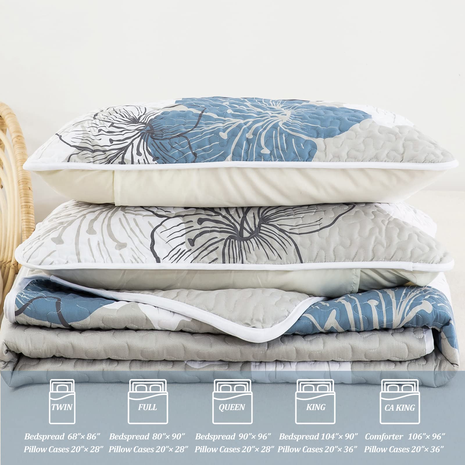 3-Piece California King Quilt Set - Blue Floral Boho Bedspread with 2 Pillow Shams, Lightweight Summer Quilt Coverlet for Adults & Teens, 106