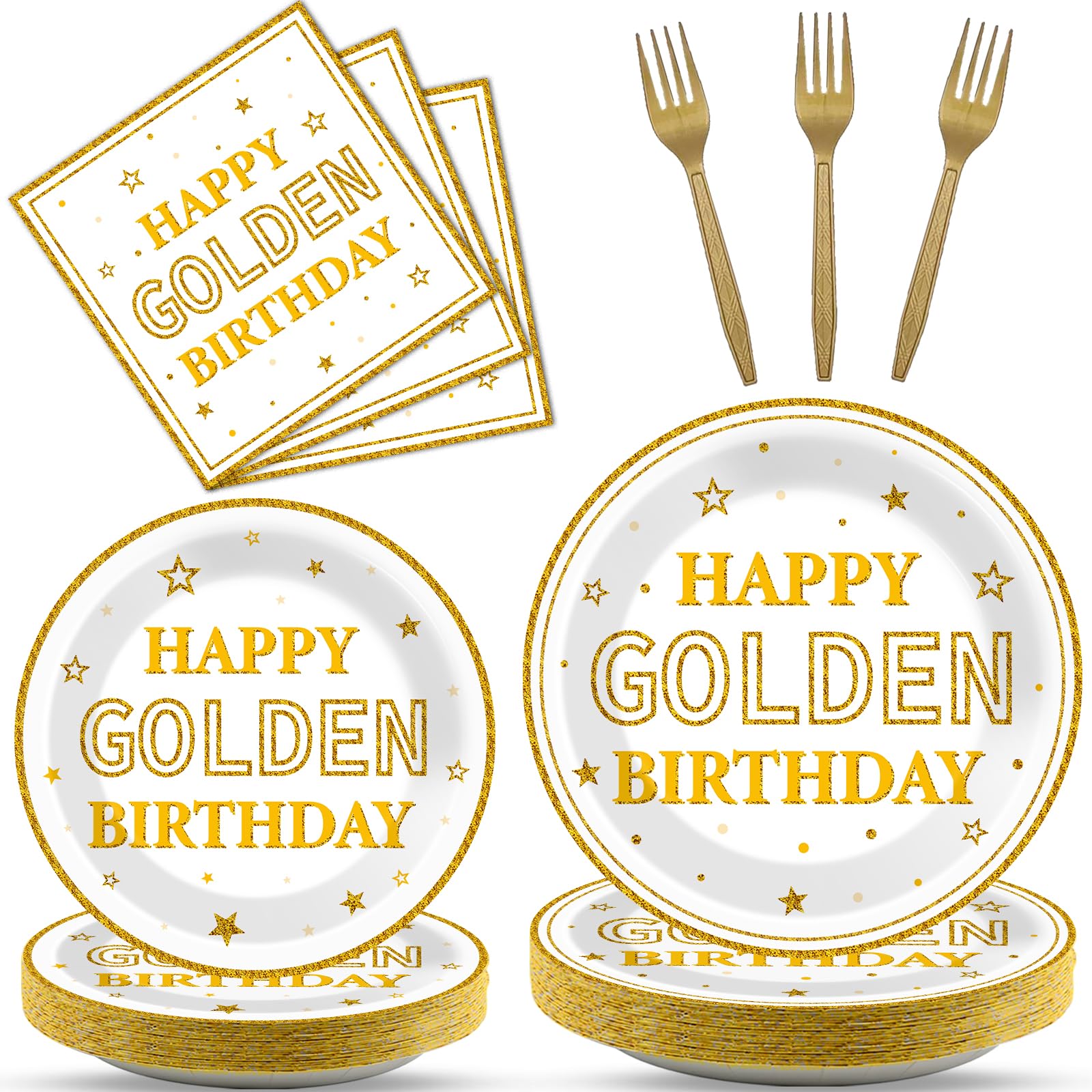 96Pcs White & Gold Glitter Birthday Party Supplies Set - Includes Paper Plates, Napkins & Dessert Tableware for Women & Men - Perfect for Golden Birthday Celebrations, Anniversaries & Special Events (Serves 24)