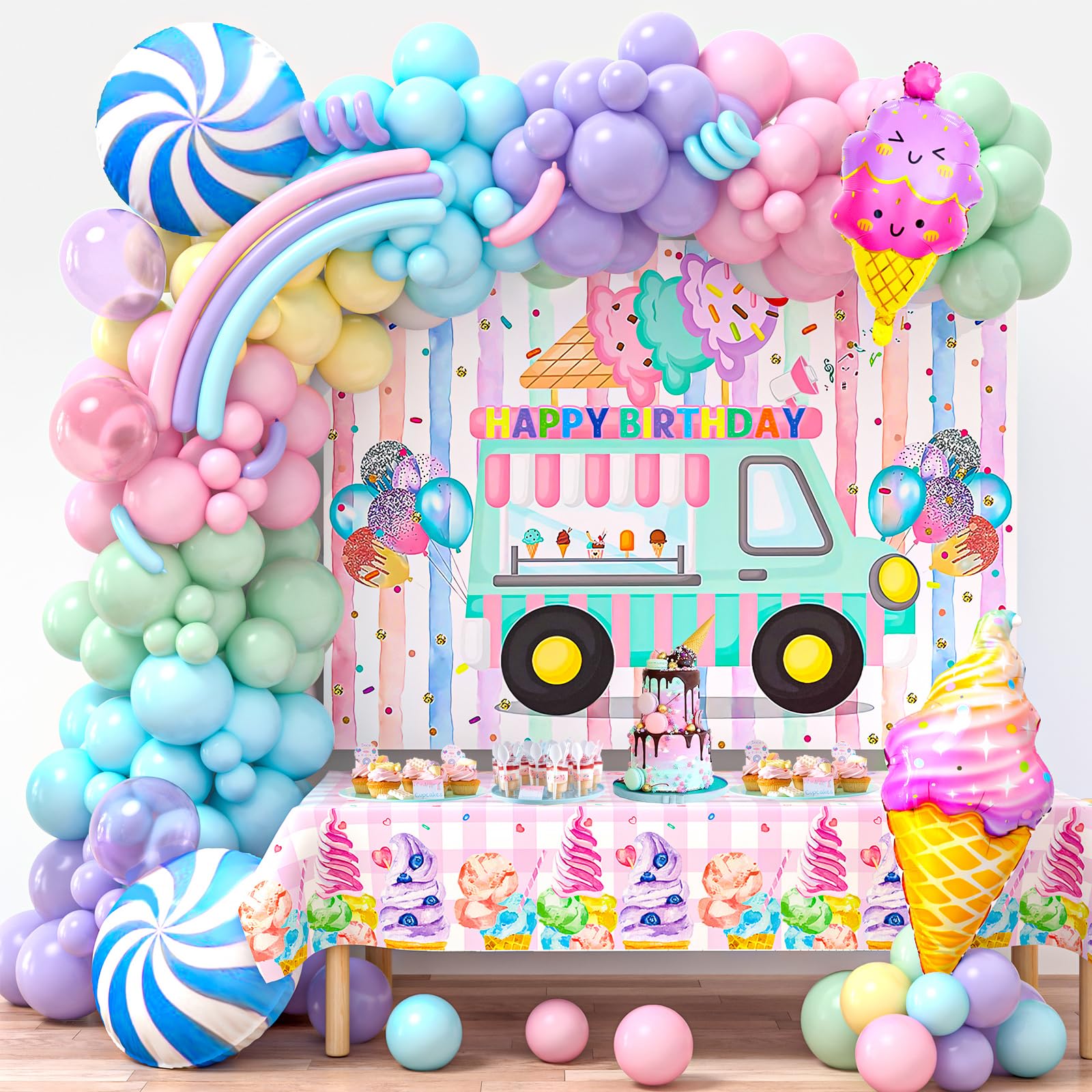 Pastel Ice Cream Party Decorations Kit - Balloon Garland Arch, Backdrop, Tablecloth & Candy Strip Balloons for Girls Birthday - Sweet Ice Cream Theme Party Supplies for Baby Shower, Bridal Shower & Kids Celebration