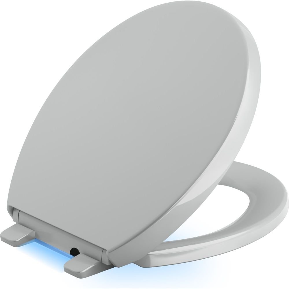 KOHLER 75793-95 Reveal Nightlight Quiet-Close Toilet Seat with Grip-Tight Technology, Round-Front Design in Ice Grey - Perfect for Bathroom Safety and Convenience at Night