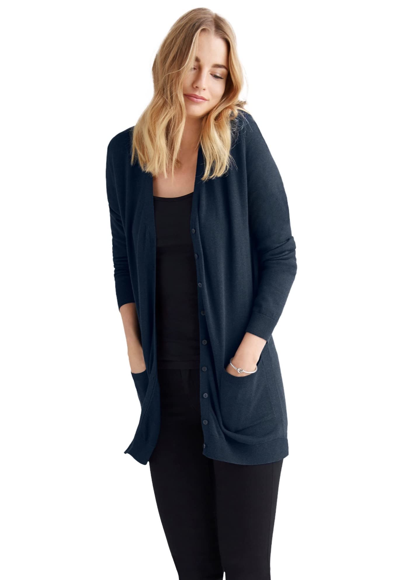 Ellos Women's Plus Size Boyfriend Cardigan - Soft Long Sleeve Open Front Sweater for Casual Wear & Layering | Perfect for Office, Travel & Cozy Home Outfits