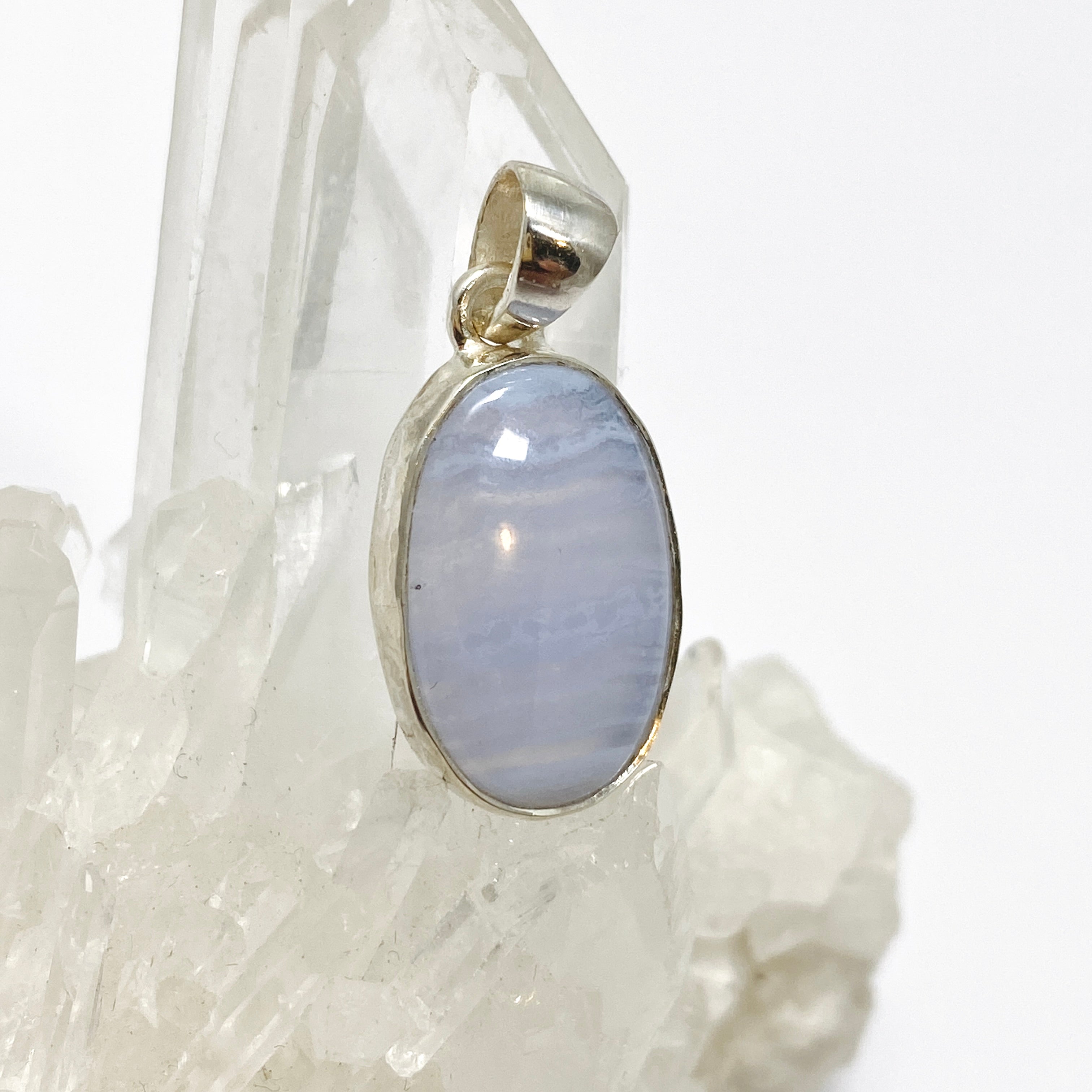 Blue Lace Agate Oval Cabochon Pendant in Hammered Sterling Silver Setting KPGJ4818 - Perfect for Boho Jewelry & Spiritual Healing