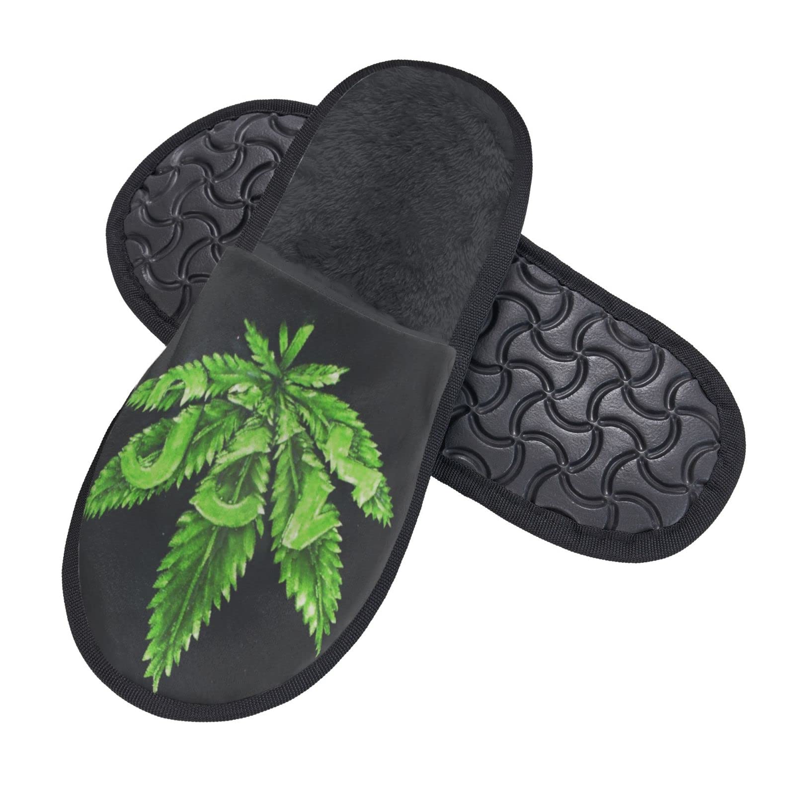 Men's Green Cannabis Leaf Memory Foam Slippers - Anti-Slip Sole House Shoes for Indoor/Outdoor Wear - Perfect for Relaxing at Home, Lounging or Casual Use