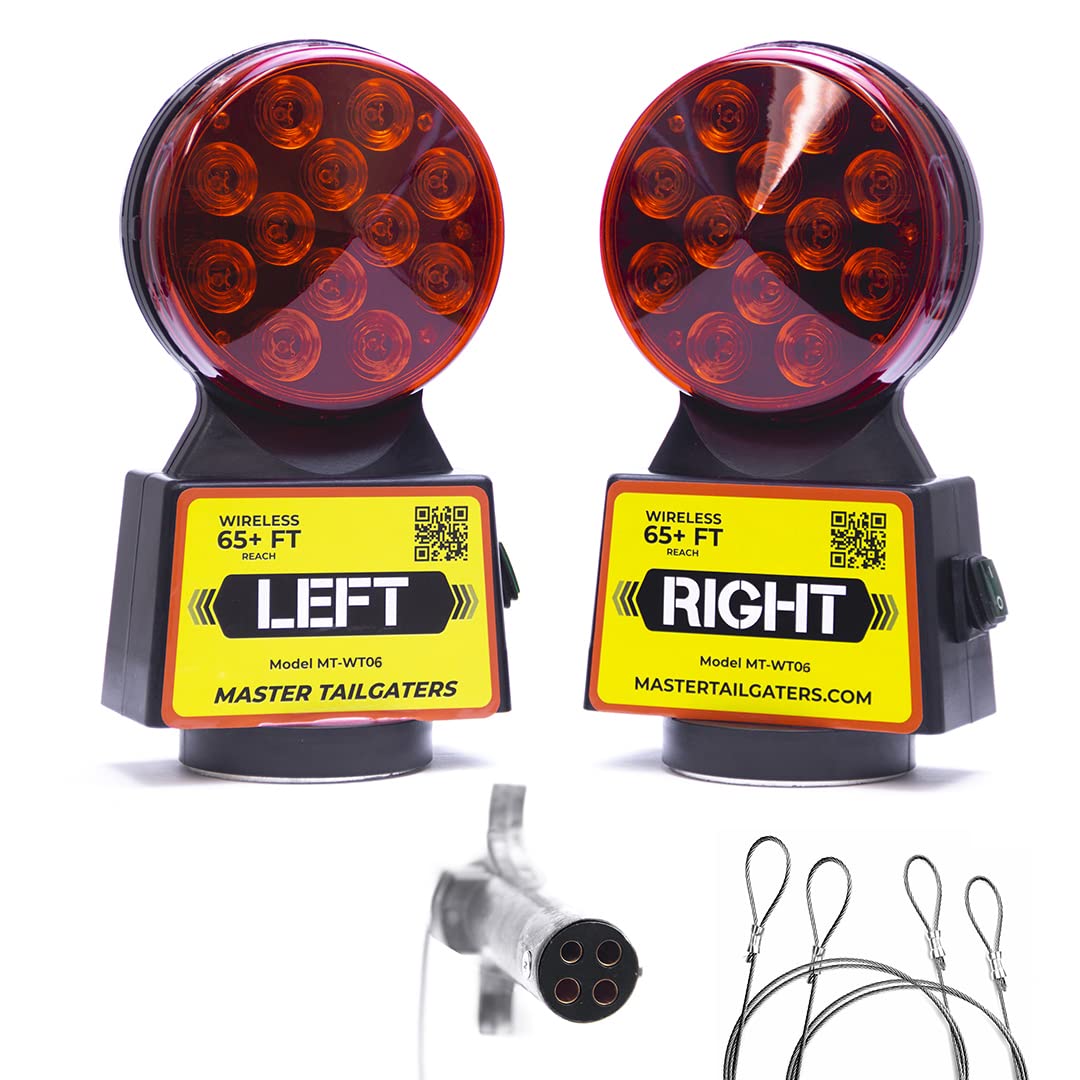 Master Tailgaters Wireless Trailer Tow Lights - Magnetic Mount Safety Lights for Trucks & Trailers with 65ft Range & 4-Pin Connector | Waterproof LED Signal Lights for Night Driving, Camping, RV Towing & Roadside Emergencies
