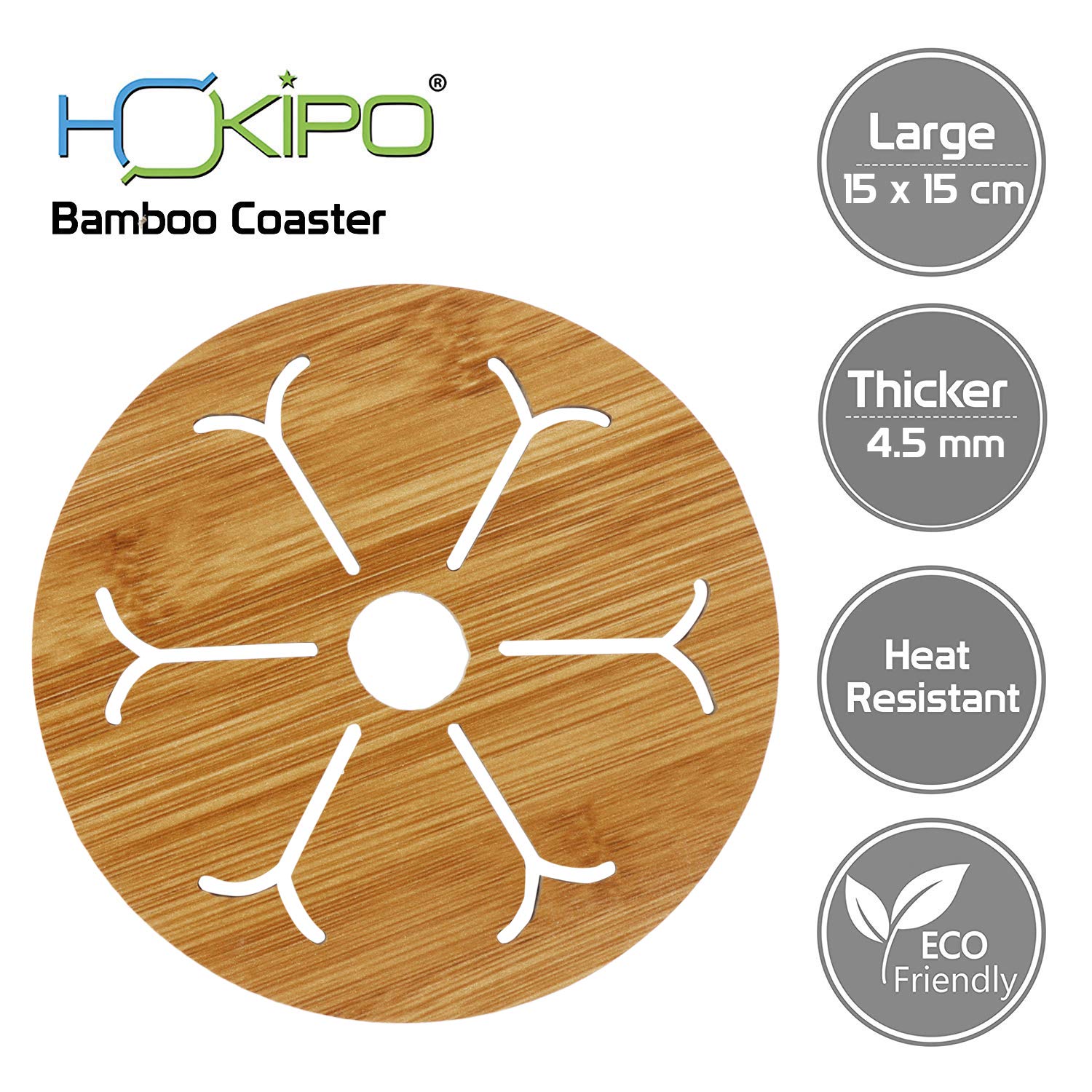 HOKIPO® 2-Pack Eco-Friendly Bamboo Wooden Coasters - Heat Resistant Drink Coasters for Dining Table, Kitchen Counter, Office Desk - Natural Wood Pot Holder & Hot Pad for Home Decor & Protection