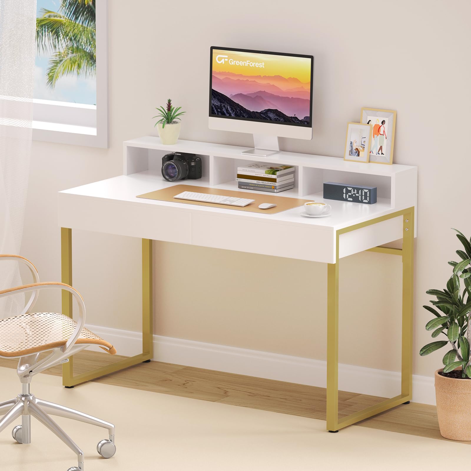 Modern White Vanity Desk with Drawers & Gold Legs for Bedroom & Home Office