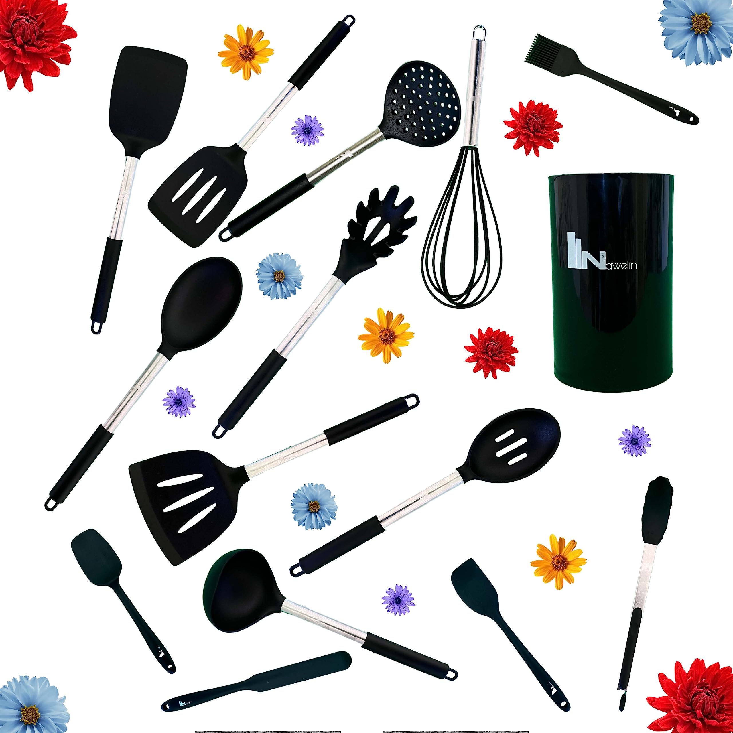 Nawelin 15-Piece Silicone Kitchen Cooking Utensils Set - Heat Resistant, Non-Stick, BPA-Free (Black) - Perfect for Baking, Frying, and Everyday Cooking