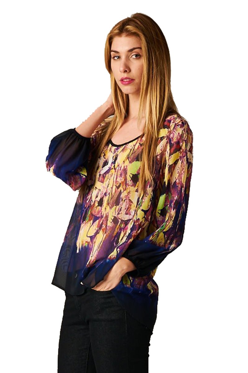 Elegant Watercolor Floral Print 3/4 Sleeve Chiffon Blouse with Hi-Low Hem - Perfect for Spring Outfits, Office Wear & Special Occasions